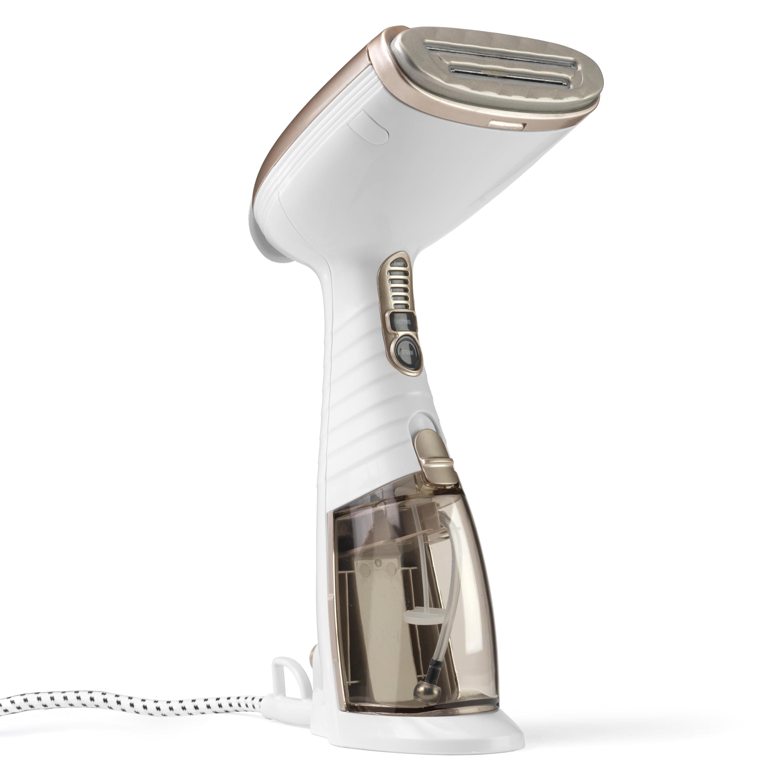 Turbo Extreme Steam Travel Clothes Steamer, White & Beige, 1.1E+3W, 7ml, GS59XE, Dual-Voltage, Handheld, Compact, Quick Heat-Up, High-Velocity Steam