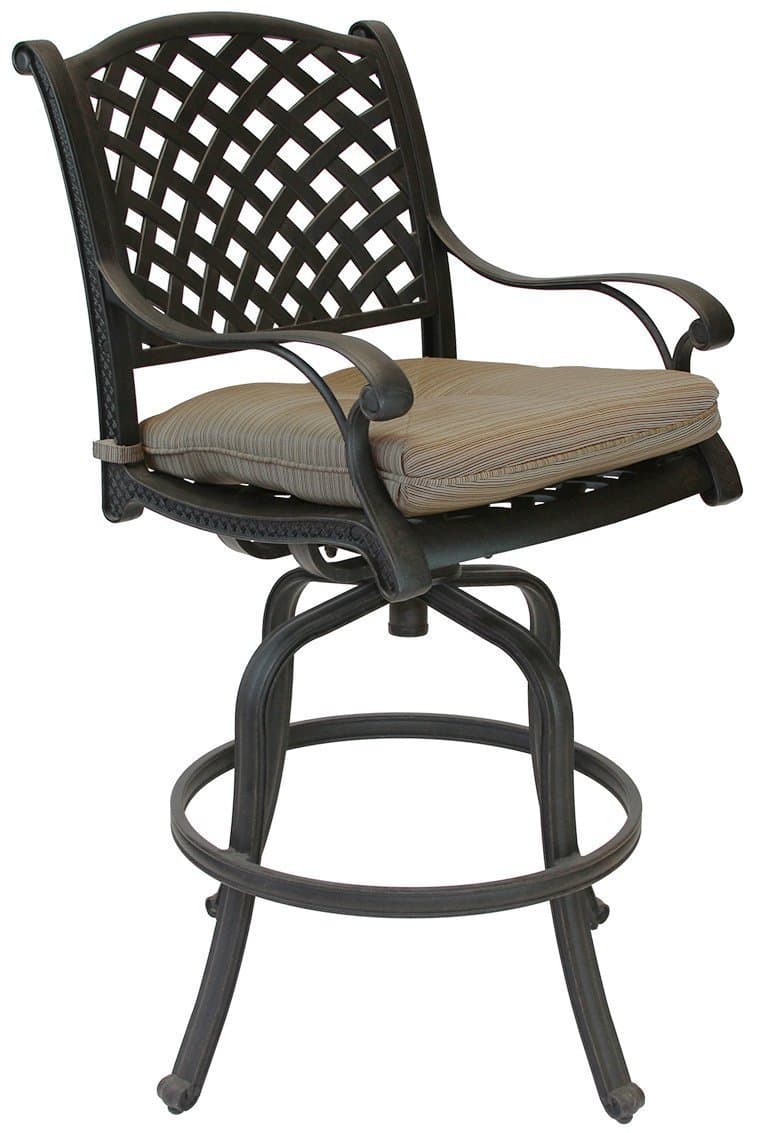 Nassau Outdoor Patio 4 Swivel Barstools 30" High Cast Aluminum Dark Bronze, Walnut Cushions