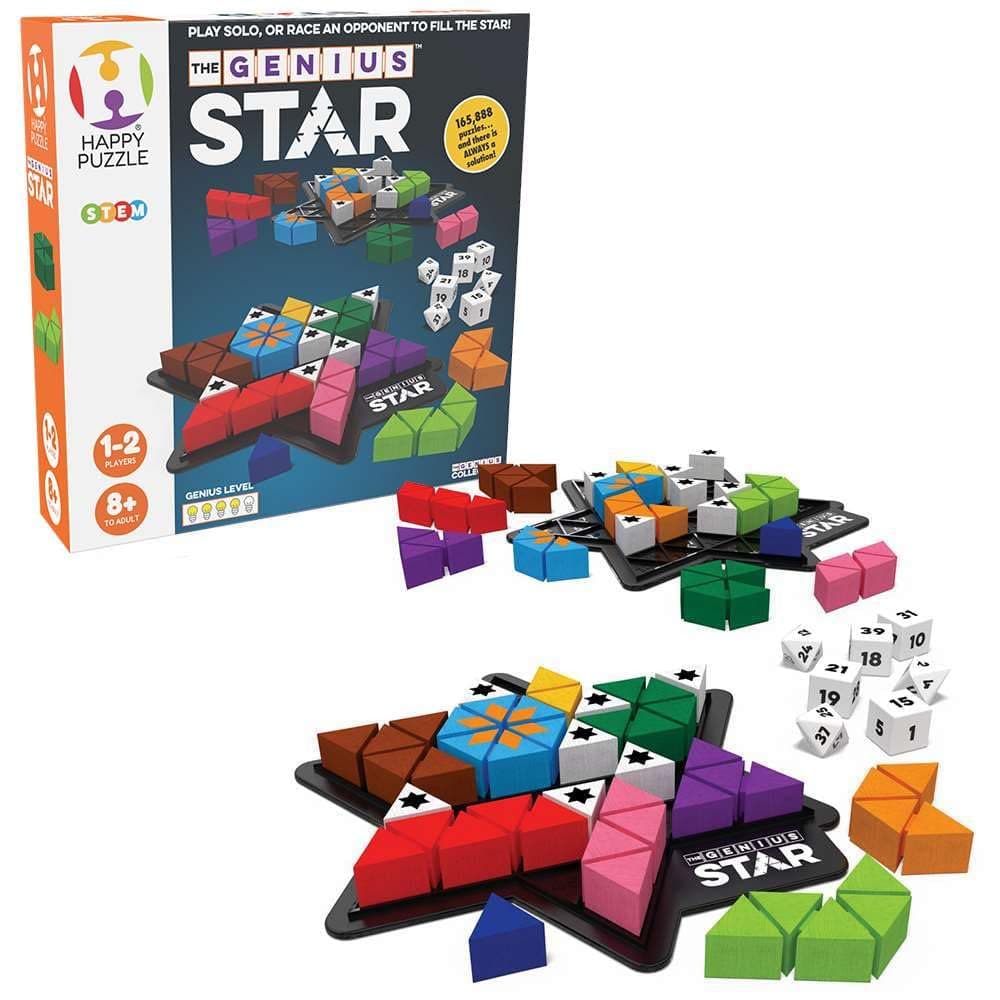 The Happy Puzzle Company The Genius Star | Toy of The Year Award Winning Family Board Game | 165,888 Possible Puzzles | Filling in Colored Shapes | Blockers to Complete A Star | Golden Star Twist
