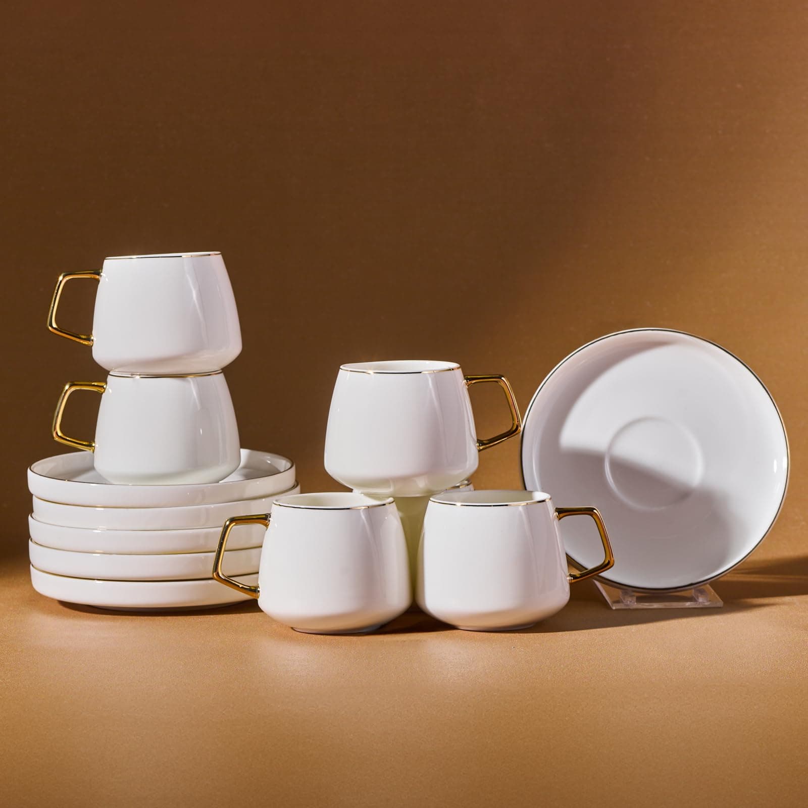 Saturn Gold Turkish Coffee Cup Set for 6 People, 12 Piece Espresso Cups with Saucers, Small Porcelain Modern Set for Serving Greek, Arabic Coffee (100ml)