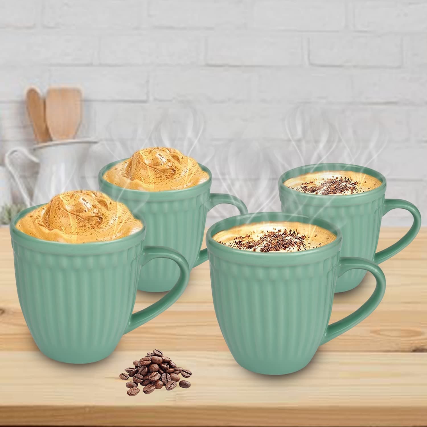 URBAN CHEF Listra Ceramic Handcrafted Shine SEA Green - Microwave Safe Coffee / Milk Mug with Handle Ideal Best for Self Use Or Gift for Friends, Anniversary, Birthday ( Set of 4, 350 ML Each)