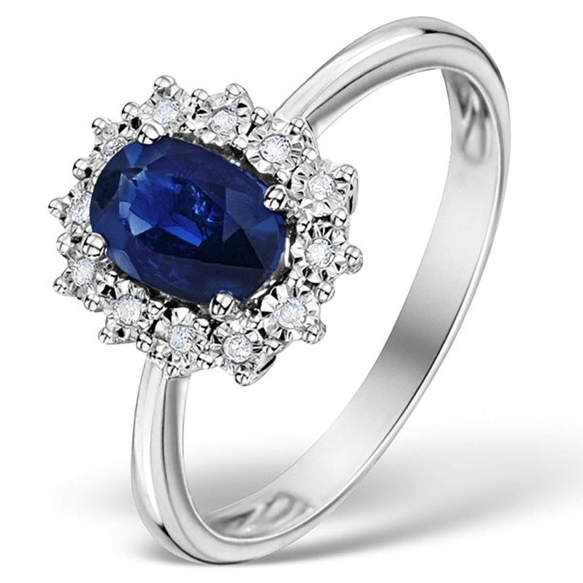 Womens Sterling Silver Blue Synthetic Sapphire & White Cubic Zirconia (CZ) Oval Cluster Engagement Ring - PETITE Replica Kate Middleton/Princess Diana Ring/The Royal Ring - Available in Sizes: J-R
