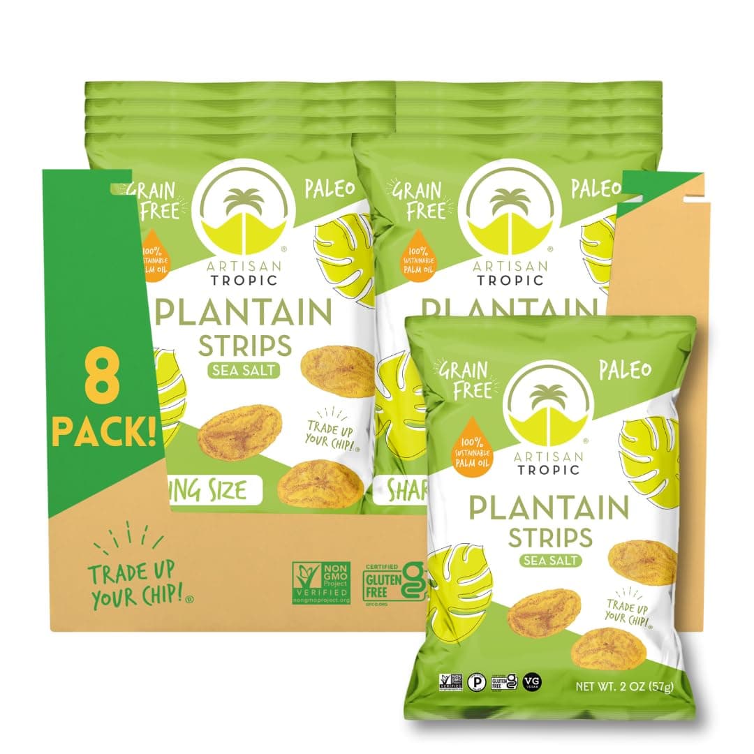 Plantain Strips Sea Salt - 8 Pack, 2oz - Vegan, Paleo, Gluten Free Chips - Individual Bags Healthy Snacks for School, Gym, Kids – Whole 30 Approved Foods Baked Banana Chips