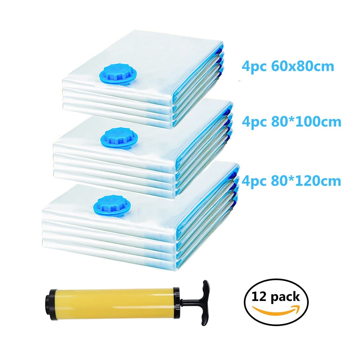 12 Pack Vacuum Storage Bags + FREE Hand Travel Pump 3 SIZES Extra Large/Jumbo Large/Medium (4 Pack 80 x 120 CM, 4 Pack 80 x 100 CM, 4 Pack 80 x 60 CM) Space Saver Bags for Clothes Duvets Pillows Home Storage n Travel - Homyhoo