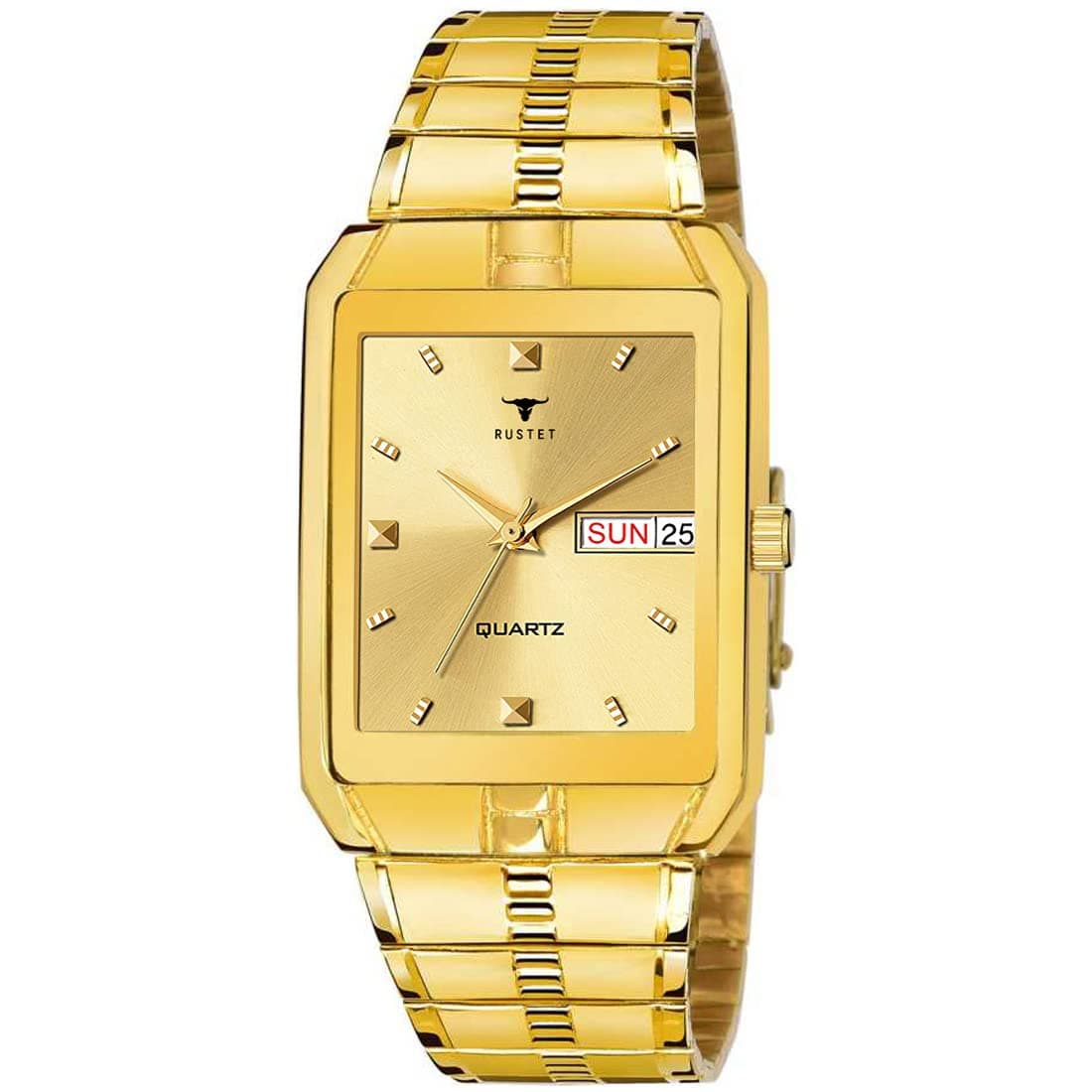 RUSTET Analogue Waterproof Men's Day and Date Watch (Gold Square Dial Gold Strap,IGP), Gold, Free Size, strap