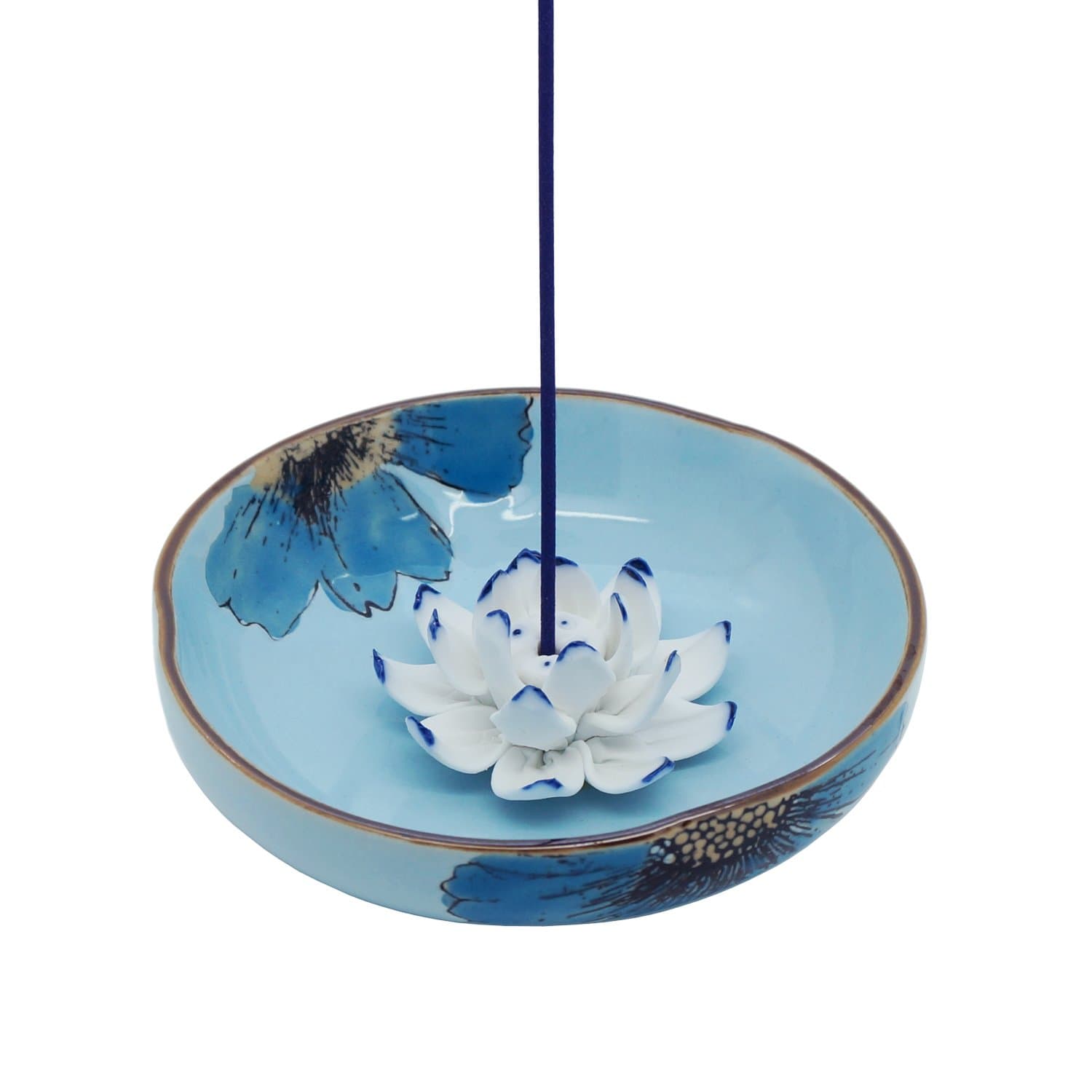 Blue Porcelain Hand Painted Decorative Flower Incense Stick Burner Holder - Ceramic Cone Ash Catcher Bowl Tray