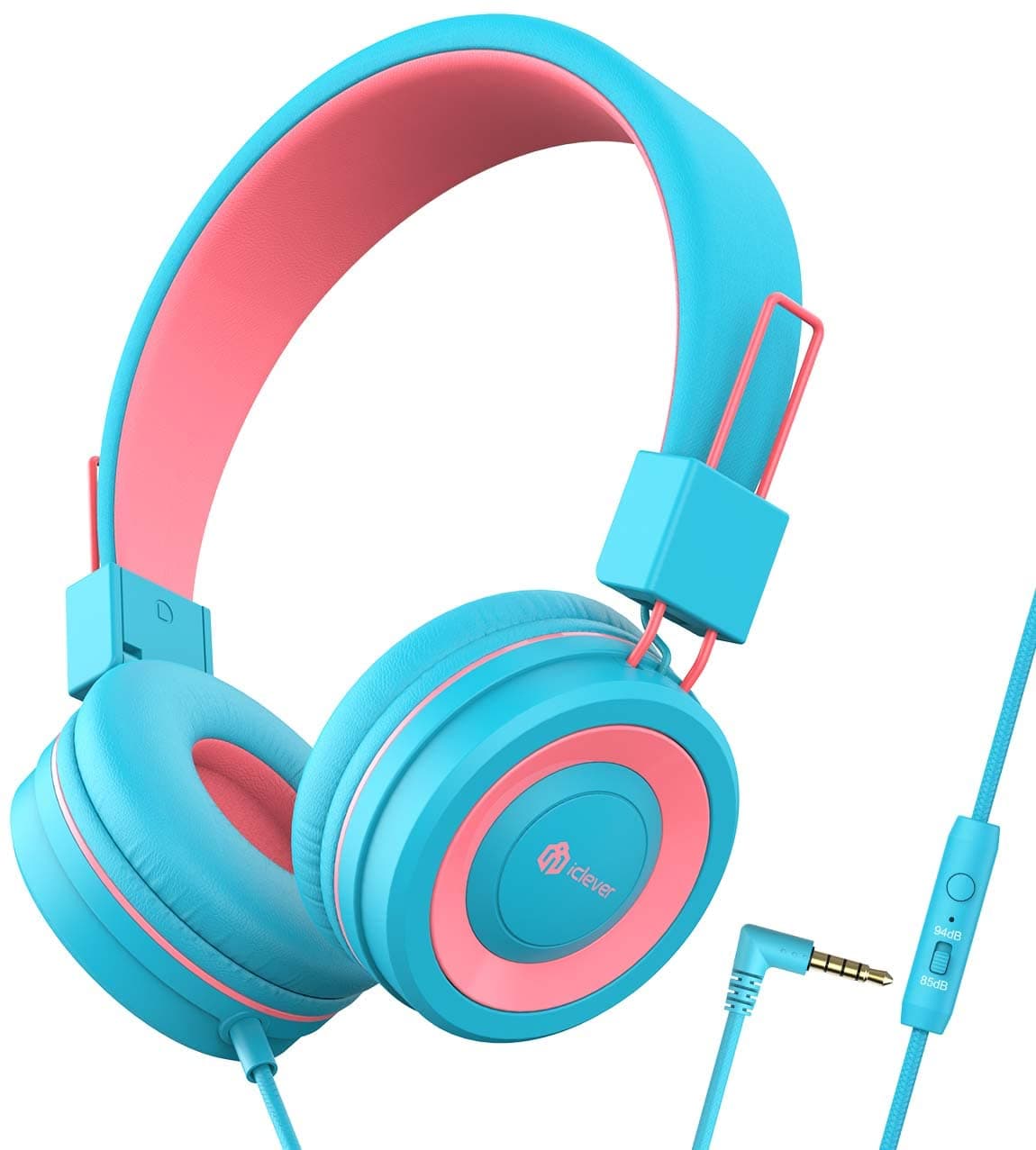iClever Kids Over-Ear Headphones for Girls with Mic, 85/94dB Volume Control, Wired Headphones for Kids, Adjustable Headband, HS14 (Blue Pink)