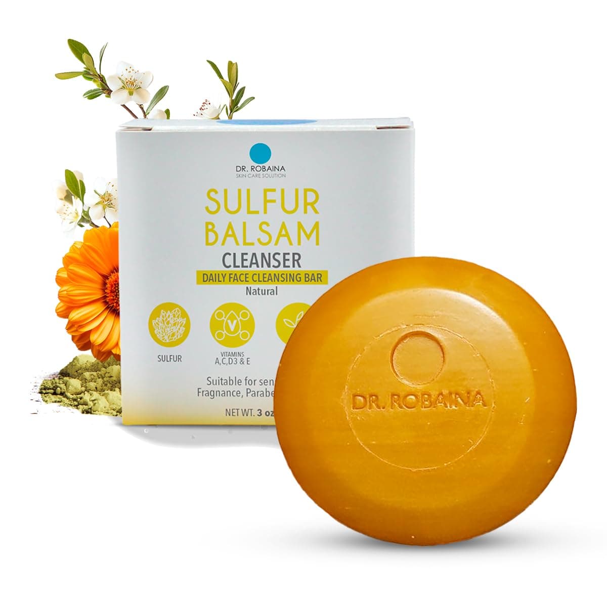 Dr. Robaina Sulfur Soap for Acne & Eczema Relief, Antioxidant, Dermatitis & Sensitive Skin Care