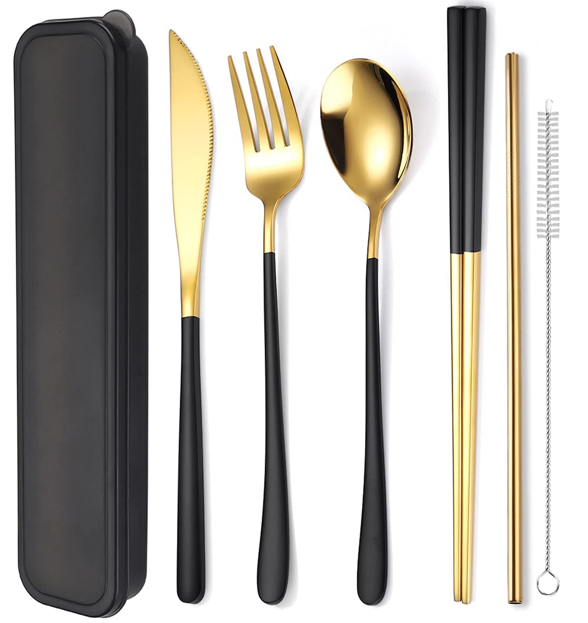 AARAINBOW 6 Pieces 18/8 Stainless Steel Flatware Set Portable Reusable Cutlery Set Travel Utensils Set Including Chopsticks Knife Fork Spoon Straws Cleaning Brush Dishwasher Safe (Black golden)