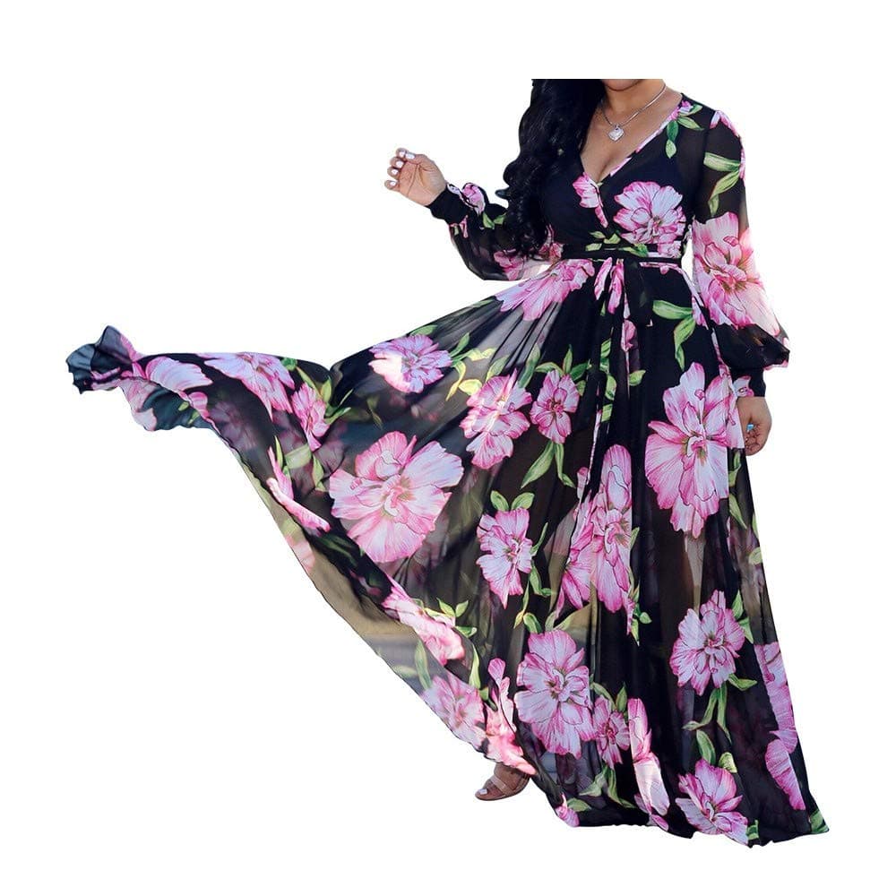 Womens Chiffon Deep V Neck Printed Stylish Maxi Dress Dresses High Slim Waisted Belt Plus Size