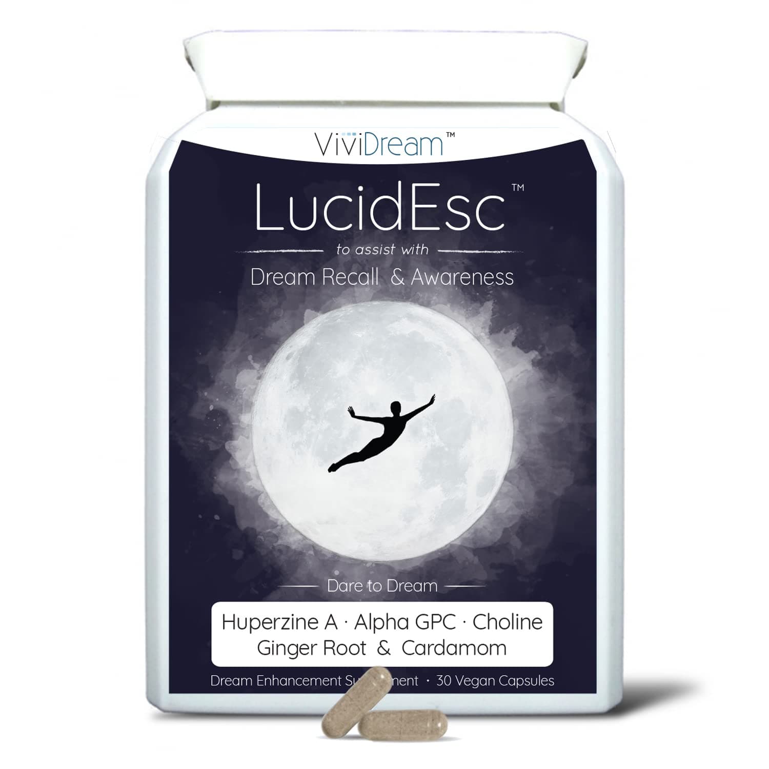 LucidEsc | Ultimate Vegan Lucid Dreaming Supplement | Plant-Based Memory + Sleeping Awareness Pills | Huperzine A, Alpha GPC, Choline Bitartrate with Ginger Root + Cardamom Extract | 30 Vegan Capsules