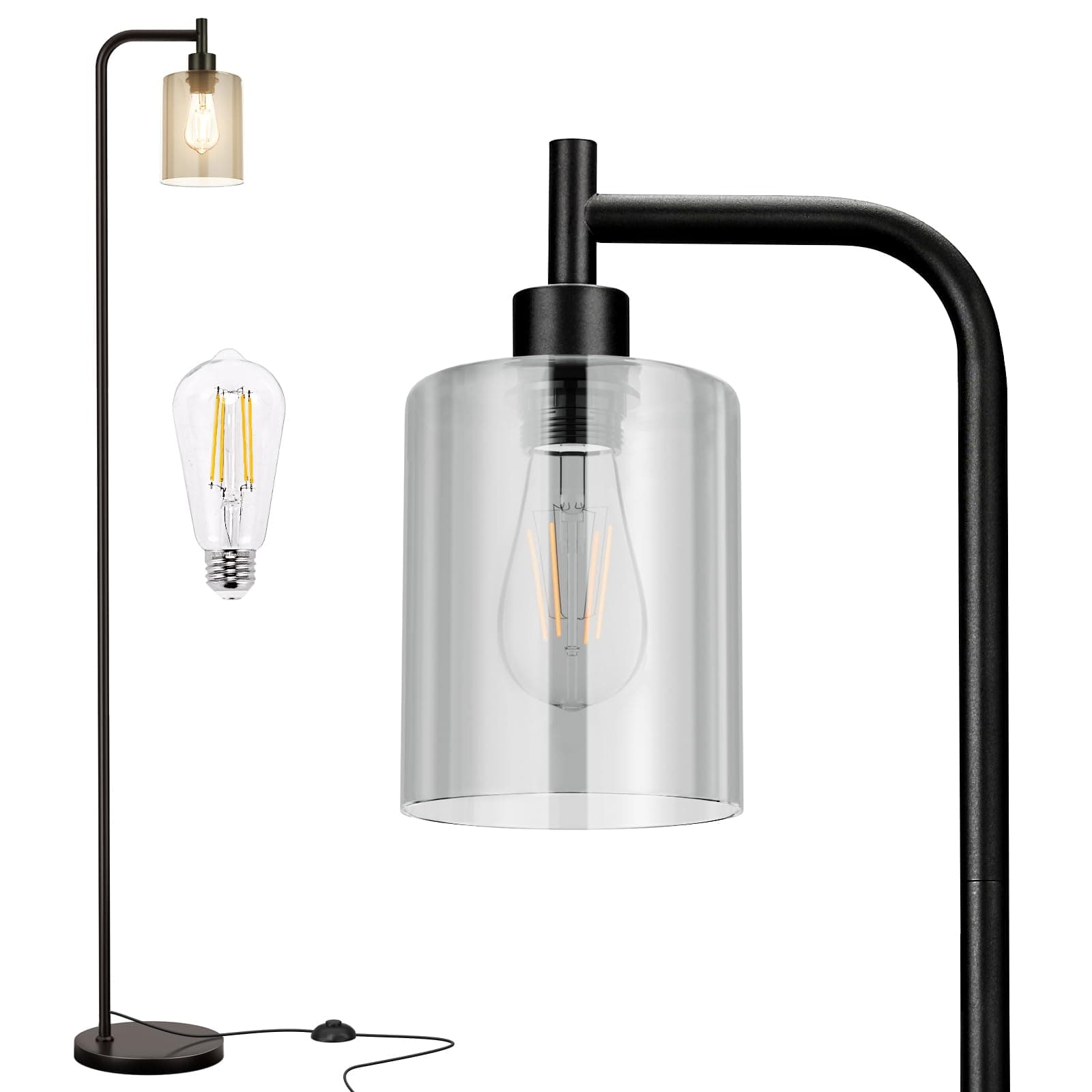Floor Lamps for Living Room - Standing Lamp with Grey Glass Shade, Modern Floor Lamp with LED Bulbs, Industrial Floor Lamp for Bedroom, Black Tall Lamp for Office(Light Bulb Included)