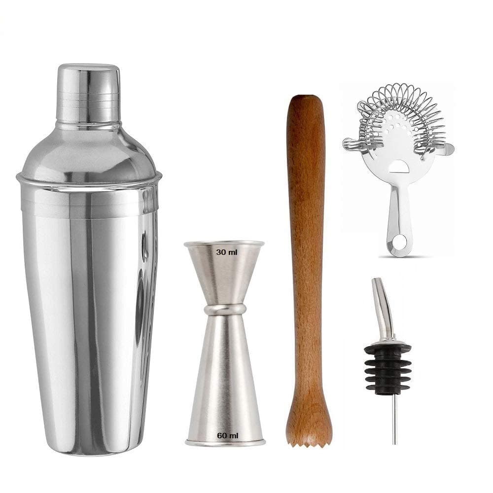 Rudra Exports Cocktail Shakers 500 ml, Wooden Muddler Heathrow Strainer and Japanese Style Peg Measurer 30 and 60 ml: 5 Pieces Set