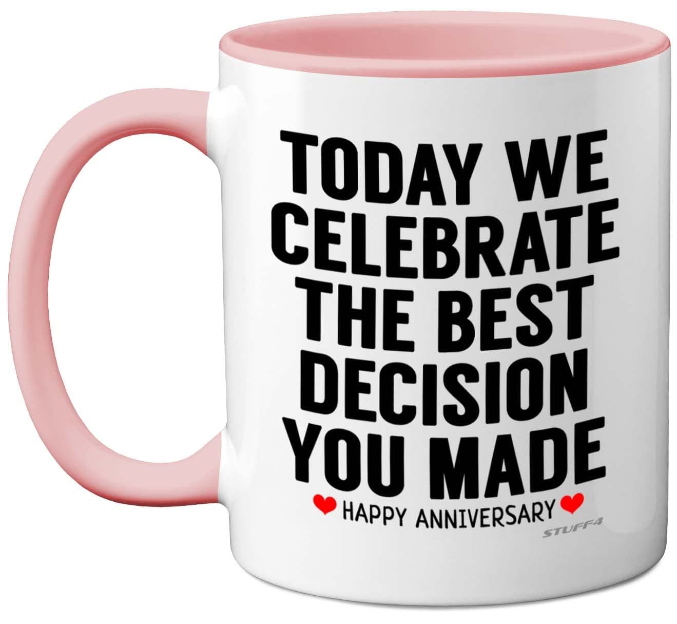 Anniversary Mug for Him Her, Funny Coffee Mug for Men Women, Gifts Girlfriend, Presents Boyfriend, Perfect Anniversary Christmas Valentines Birthday, 11oz Ceramic Pink