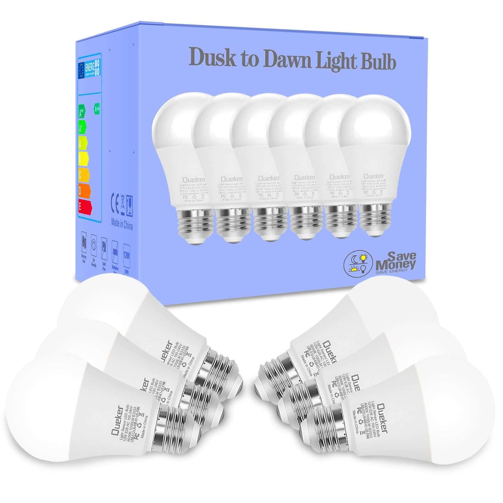 6 Pack Dusk to Dawn Light Bulbs Outdoor 6000K Cool White Sensor Bulbs, 12W (100 Watt Equivalent) Auto On Off Photocell Sensor, E26 A19 1000LM LED Bulbs for Porch Garage Lighting