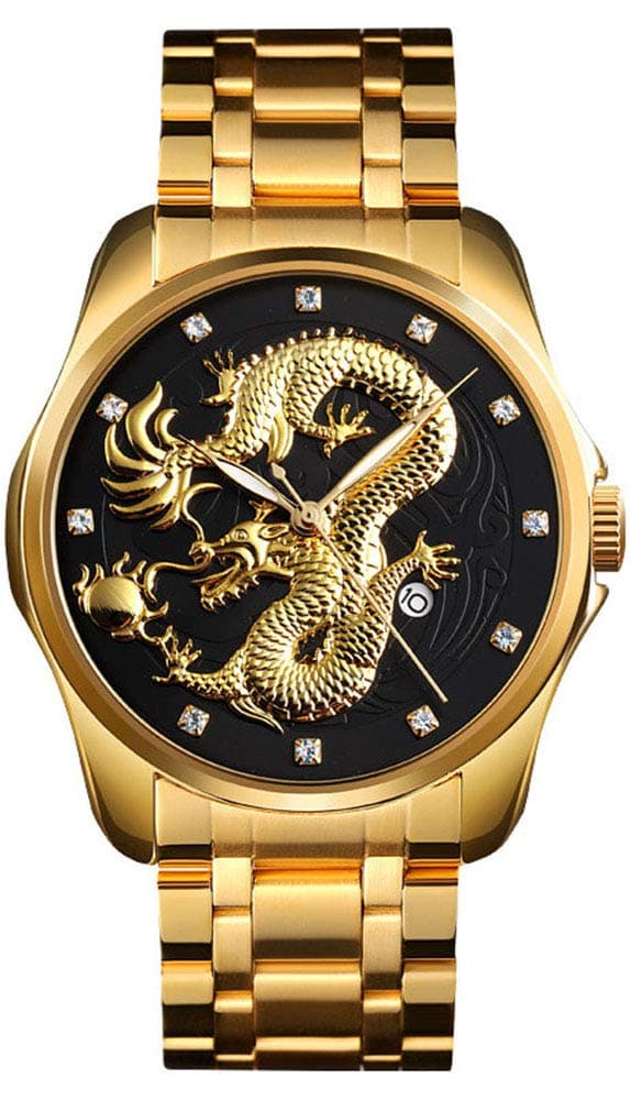 Men Boy Luxury Gold Chinese Dragon Carved Dial Diamond Quartz Watch Casual Waterproof Sport Stainless Steel Wristwatch