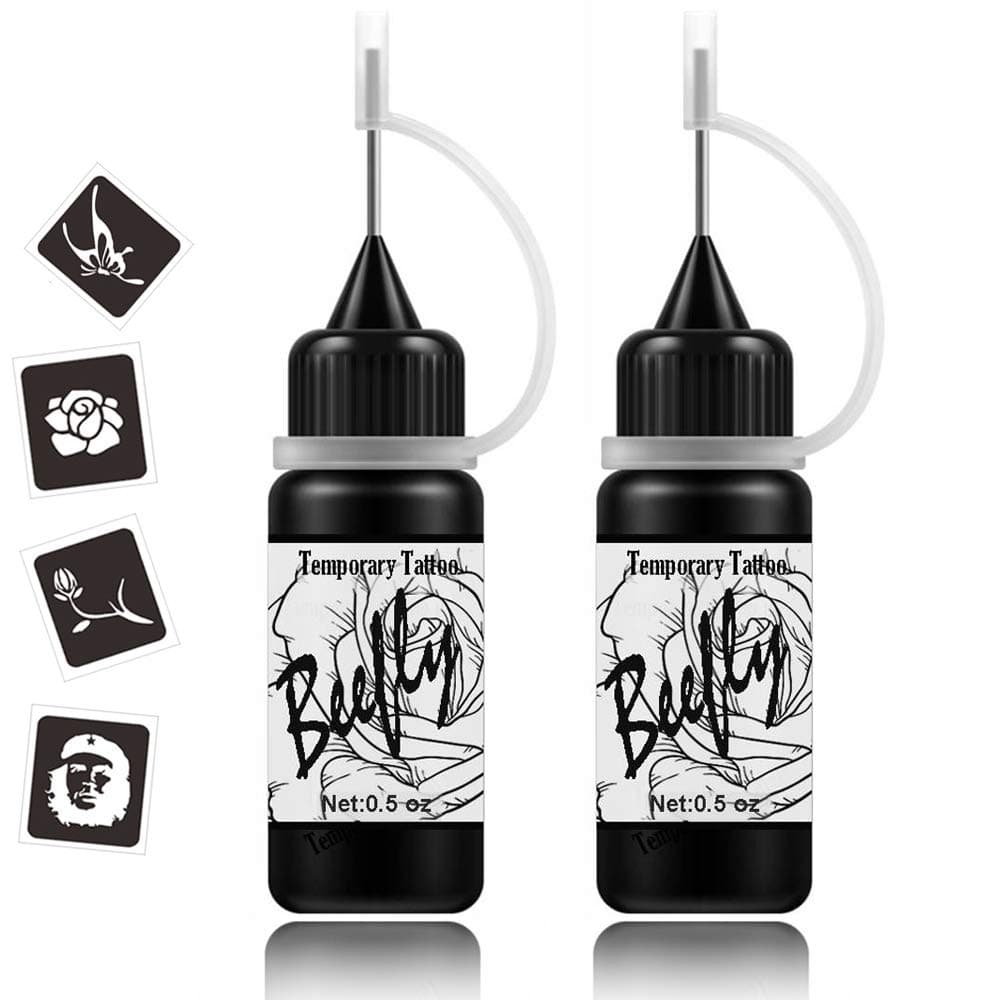 Beefly Art Painting Temporary Kit Semi Permanent Freehand Gel(Natural Plants Based) Dozens Pcs Free Stencils, DIY Fake Freckles, Full Kit 2 Bottles(1oz) A-Black*2