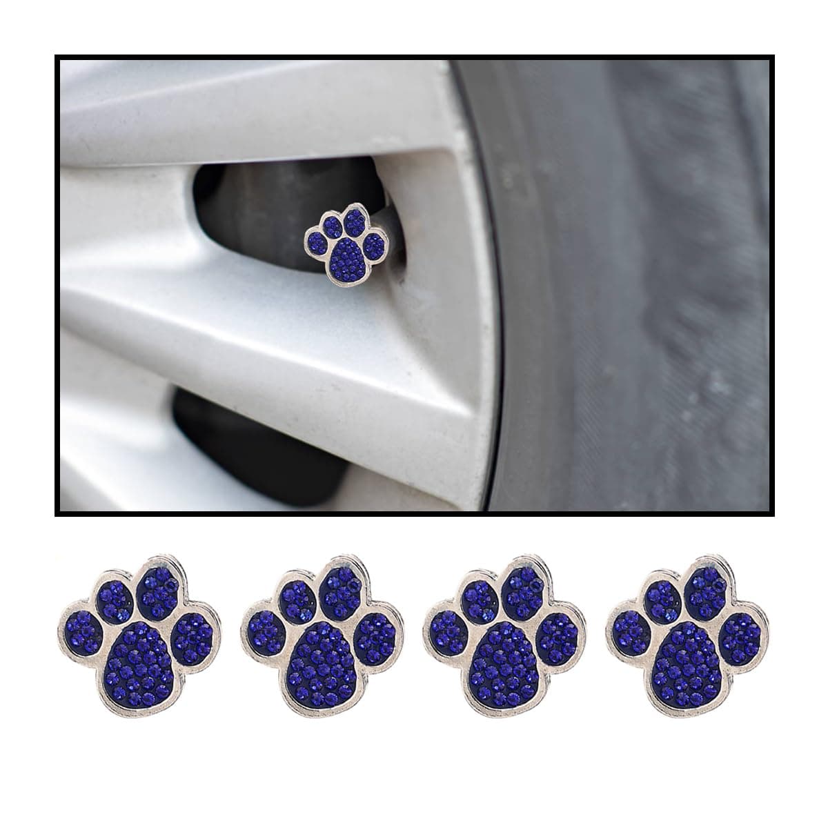 CGEAMDY 4 Pack Car Tire Valve Stem Caps, Bling Diamond Bear Paw Tire Valve Caps, Zinc Alloy Crystal Rhinestone Dog Paw Valve Stem Caps, Universal Accessories for Motorcycle Truck Bicycle(Navy-Blue)
