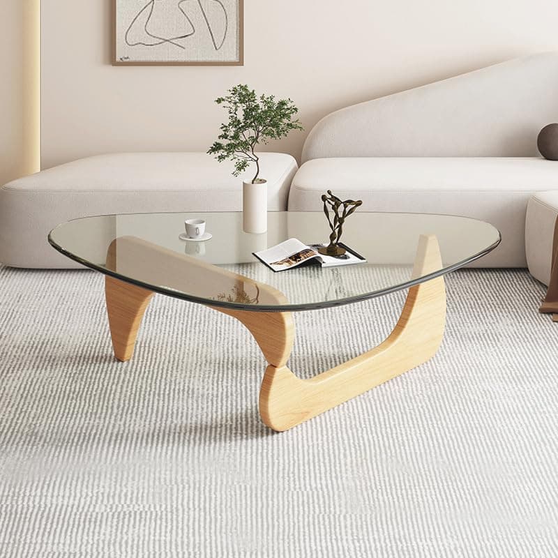 Triangle Coffee Table Modern Noguchi End Table, Solid Wood Base and 8mm Thick Tempered Glass Top Accent for Living Room Office Hotel Patio (Natural Wood Legs + Transparent Glass, 32 * 22 * 16)