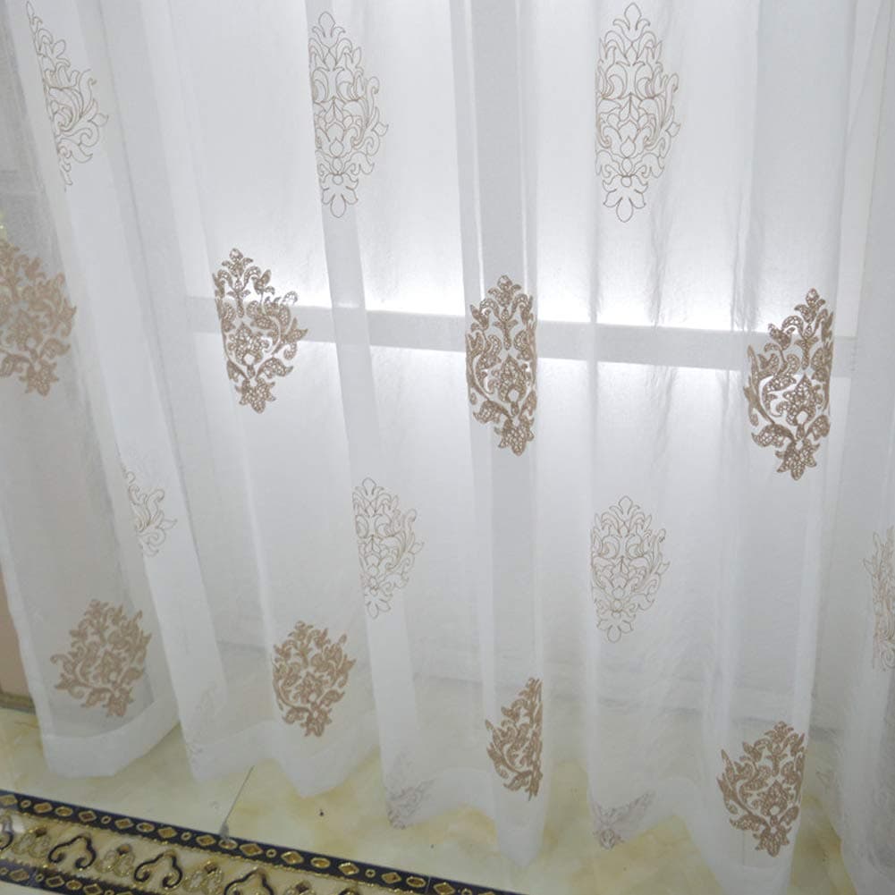 eTRY French Country Victorian Coffee Damask Floral Embroidered Sheer Curtains for Living Room Bedroom Window Curtains Drapes Rod Pocket 52 x 84 Inch 1 Panel