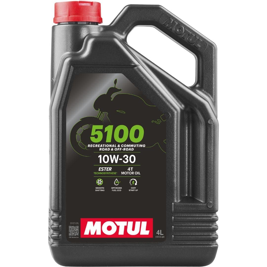Motul 5100 4T 10W-30 Motorcycle Oil - Technosynthese Ester Semi-Synthetic - API SP JASO MA2 Wet Clutch Safe - 4 Stroke Street Dirt Bike ATV UTV Scooter - Smooth Shifting Engine Protection 4 L