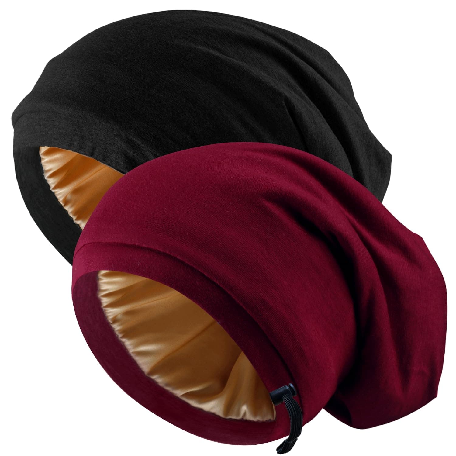 Silk Satin Bonnet Hair Wrap, 2 Pcs Adjustable Silk Bonnets for Women Men Cap Silk Lined Slouchy with Adjustable Strap
