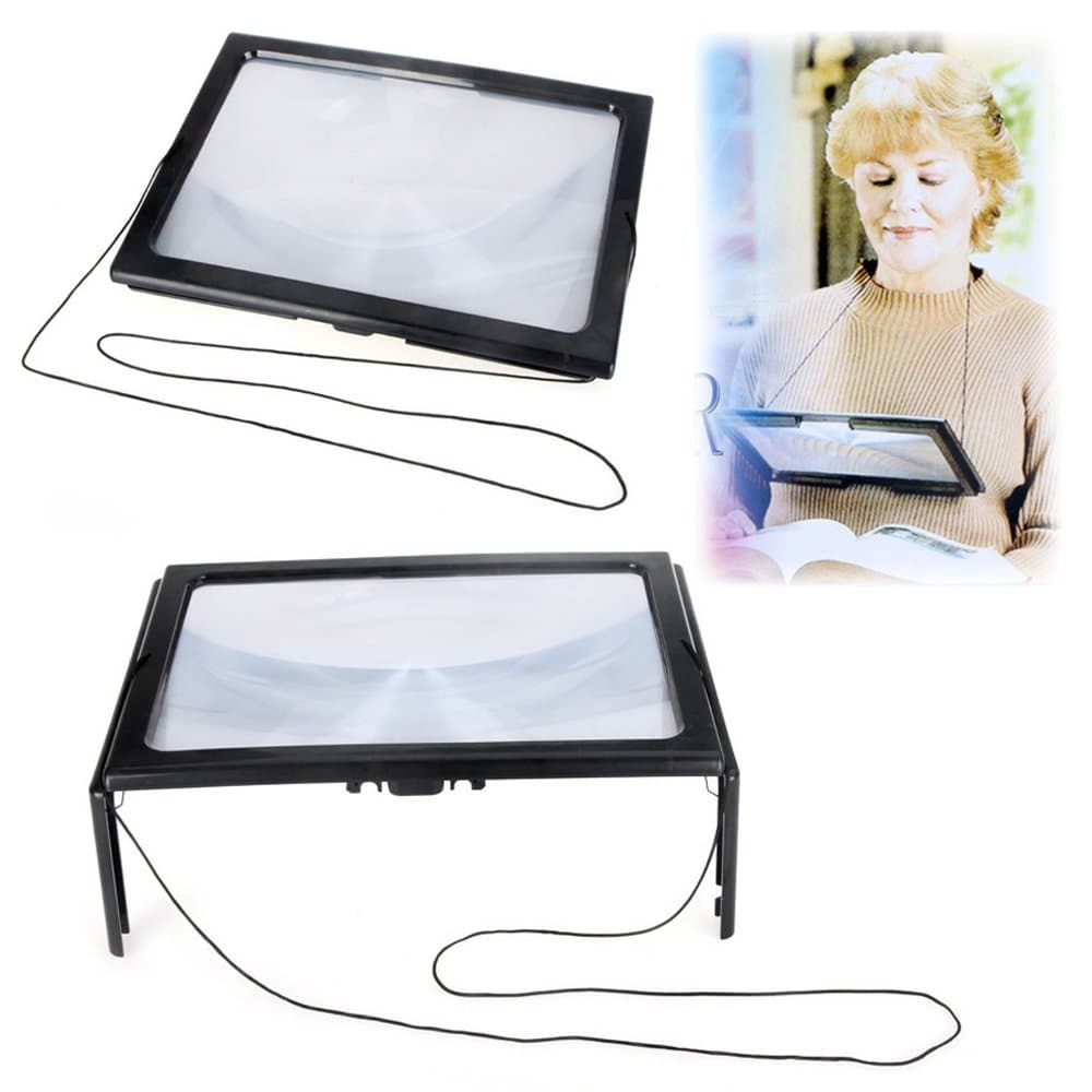 Mehai Powerfull 3x Magnification Full Page Large Magnifier Maginifying Lens with Neck Cord, Flip Out Legs and LED Lights for Reading (Black)