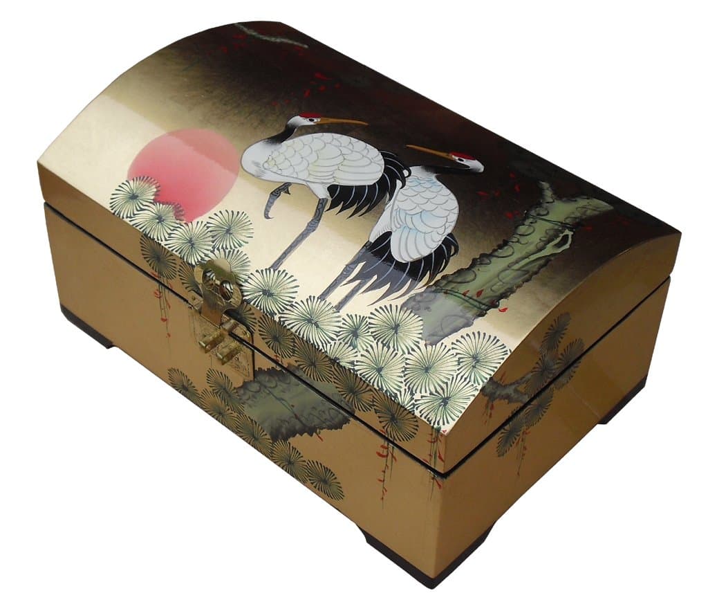 Oriental Gold Leaf Jewellery Box with Cranes Design Chinese Furniture Trinket Box Oriental Jewellery Case Storage