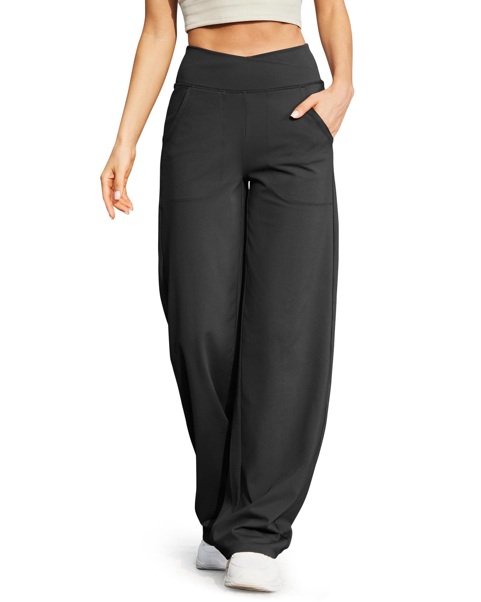 Wide Leg Pants for Women Loose Yoga Pants with Pockets Petite/Regular/Tall Stretch Casual Lounge Pants