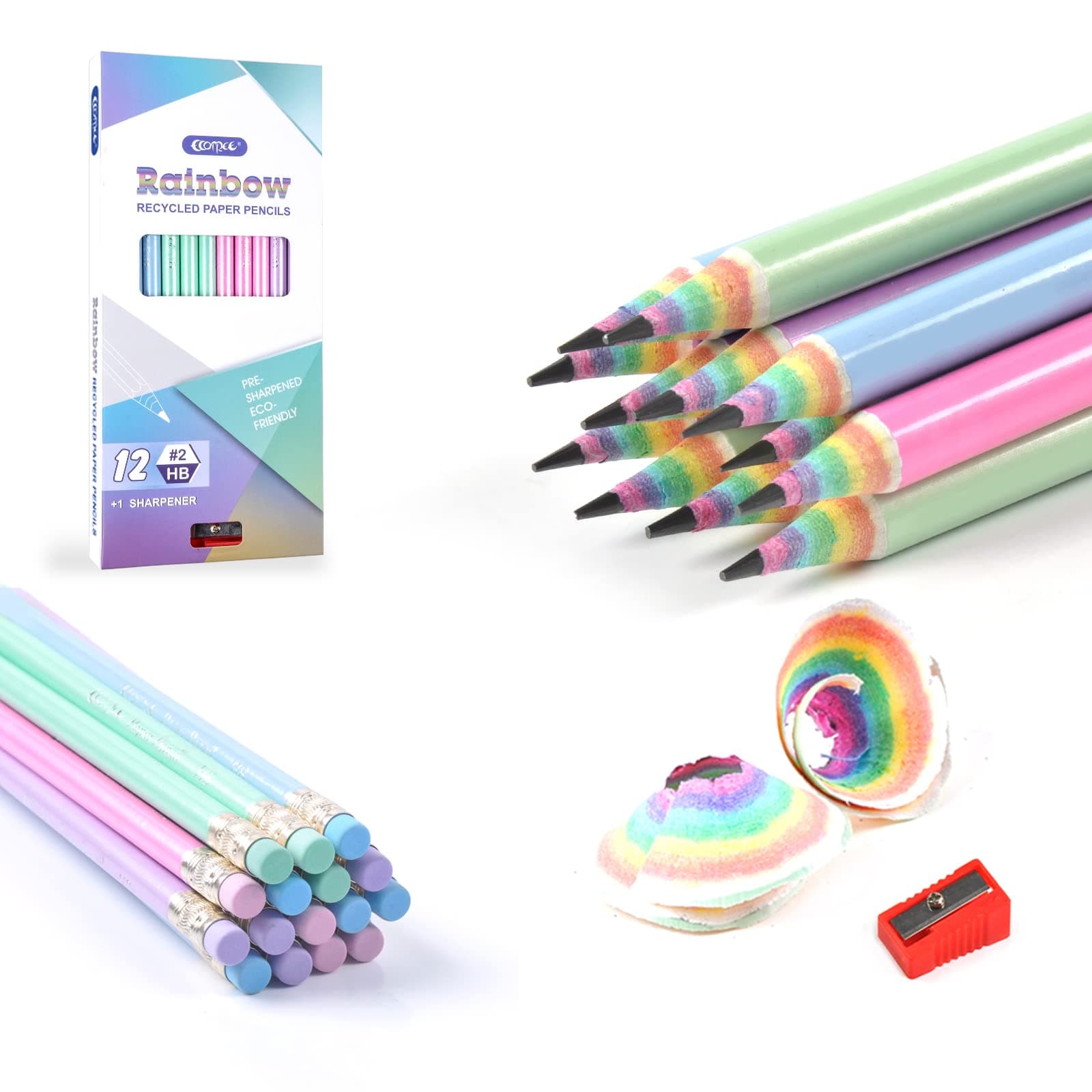 ECOTREE Pre-Sharpened Pencils #2 Cute Number 2 Pencils with Erasers for Kids Eco Rainbow Paper Pencil for School, Writing, 12 Count