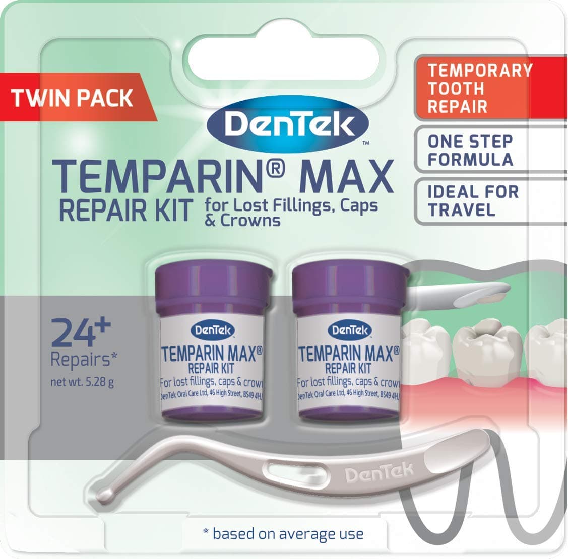 DenTek Temparin Max Home Dental Repair Kit Twin Pack for Repairing Lost Fillers, Loose Caps, Crowns and Inlays - Over 24 Repairs