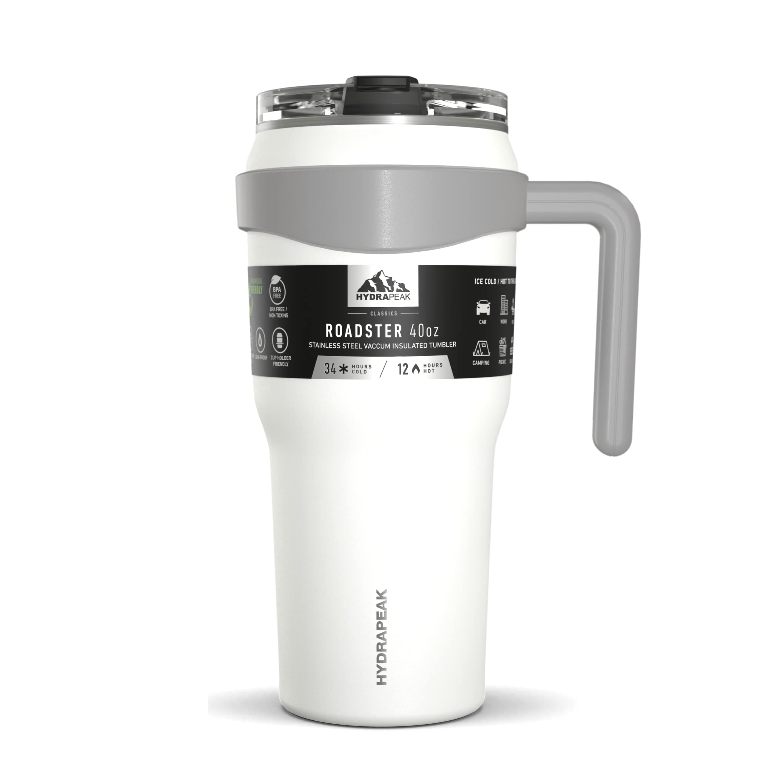 HydrapeakRoadster 40oz Stainless Steel Tumbler Double Wall Vacuum Insulated Water Bottle With Handle And 2 in 1 Straw Lid (White)