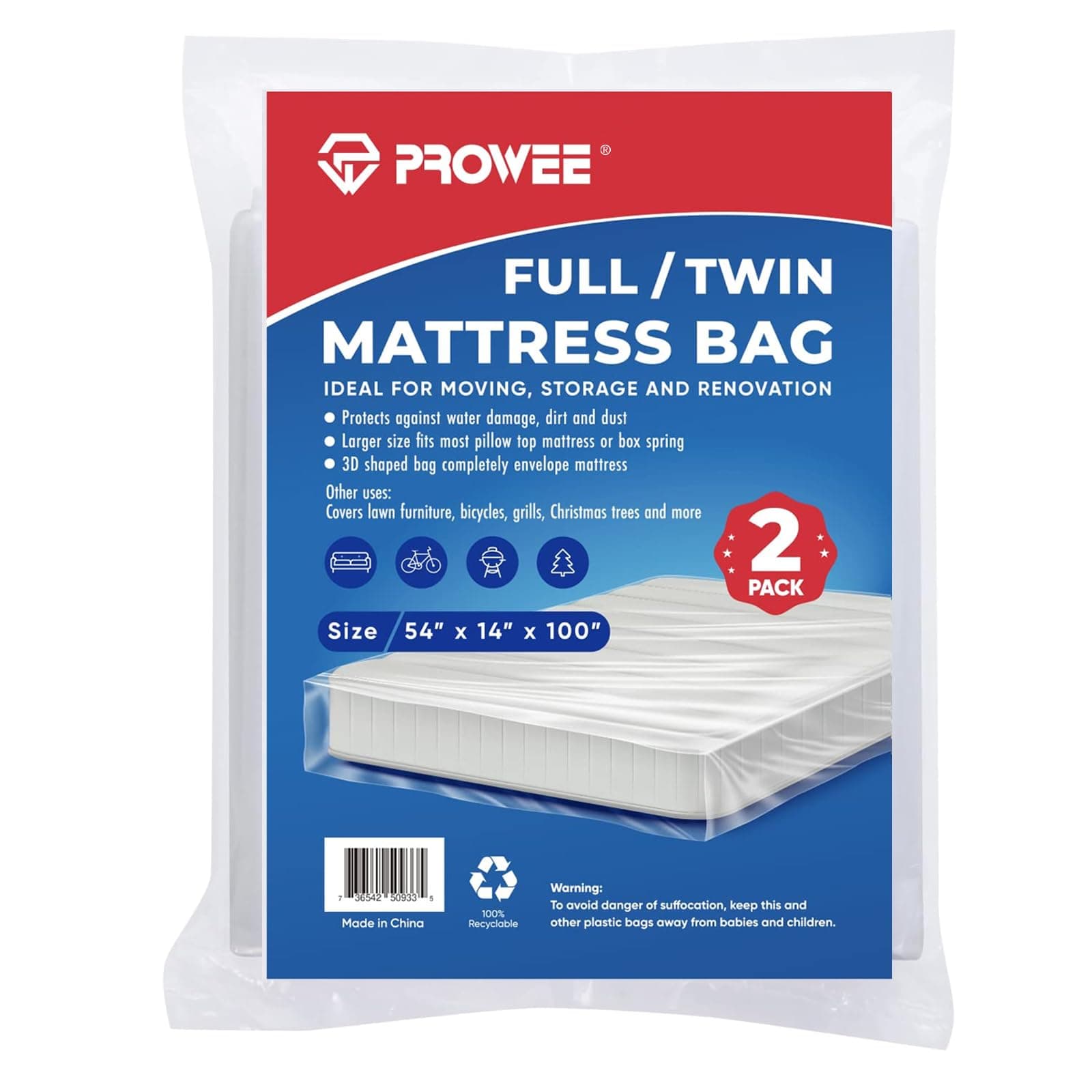 PROWEE 2 Pack Full/Twin Mattress Bag Clear Mattress Storage Bag Mattress Bag for Disposal Twin Mattress Plastic Cover for Moving