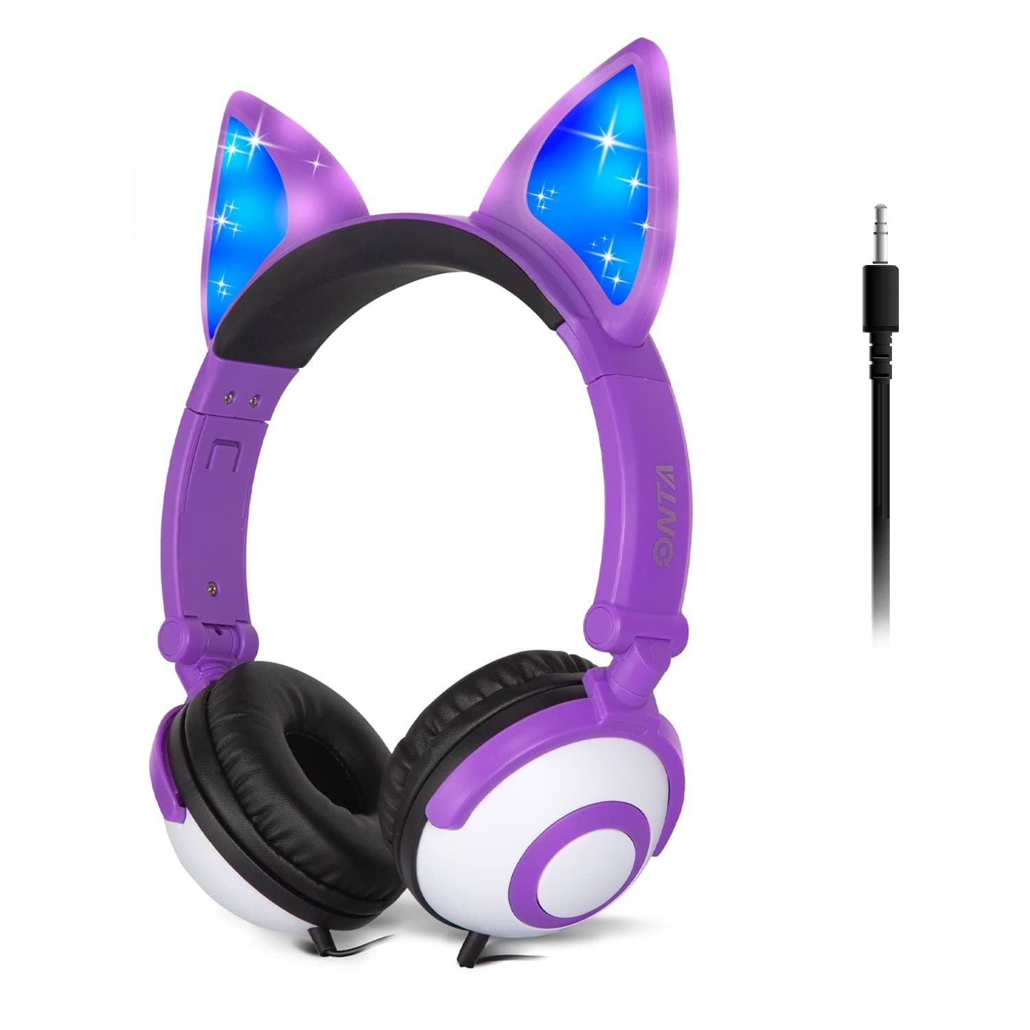 ONTA Kids Headphones with Cute LED Glowing Cat Ears,Foldable, Noise-Canceling and Adjustable Toddlers Headphones for Boys and Girls (Purple)
