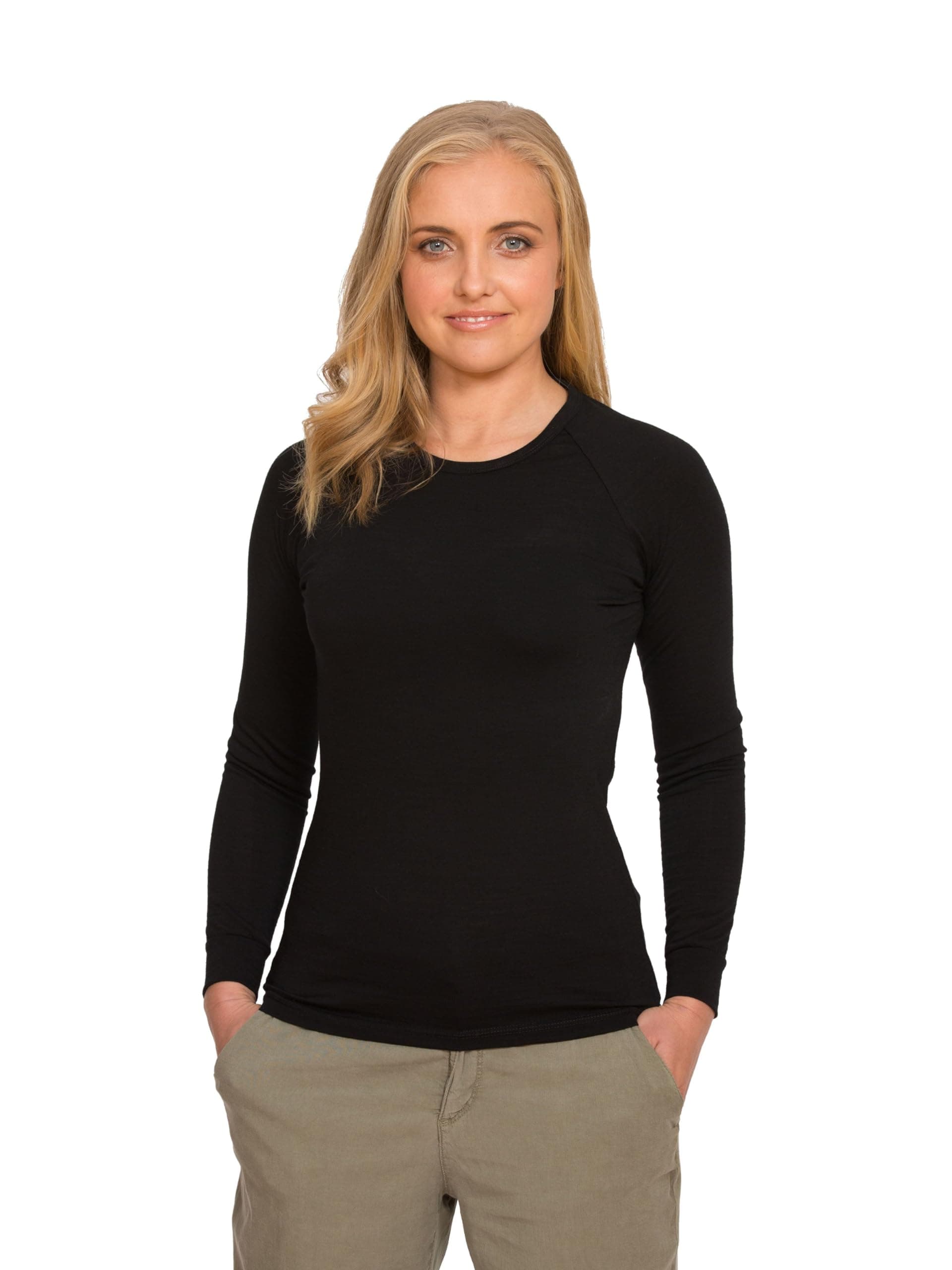 100% Pure Merino Wool - Long Sleeve Base Layer - New Zealand Made - Warm Women's Thermal Undershirt - Perfect for Sports - Black