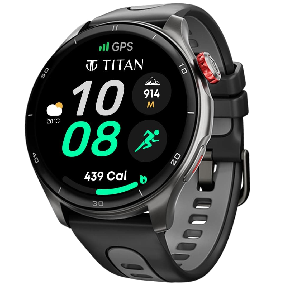 TITAN Celestor Smart Watch 1.43"AMOLED Round Display, Opto-Mechanical Crown, In-Built GPS, Altimeter, Barometer, Compass, BT Calling (Black/Black)