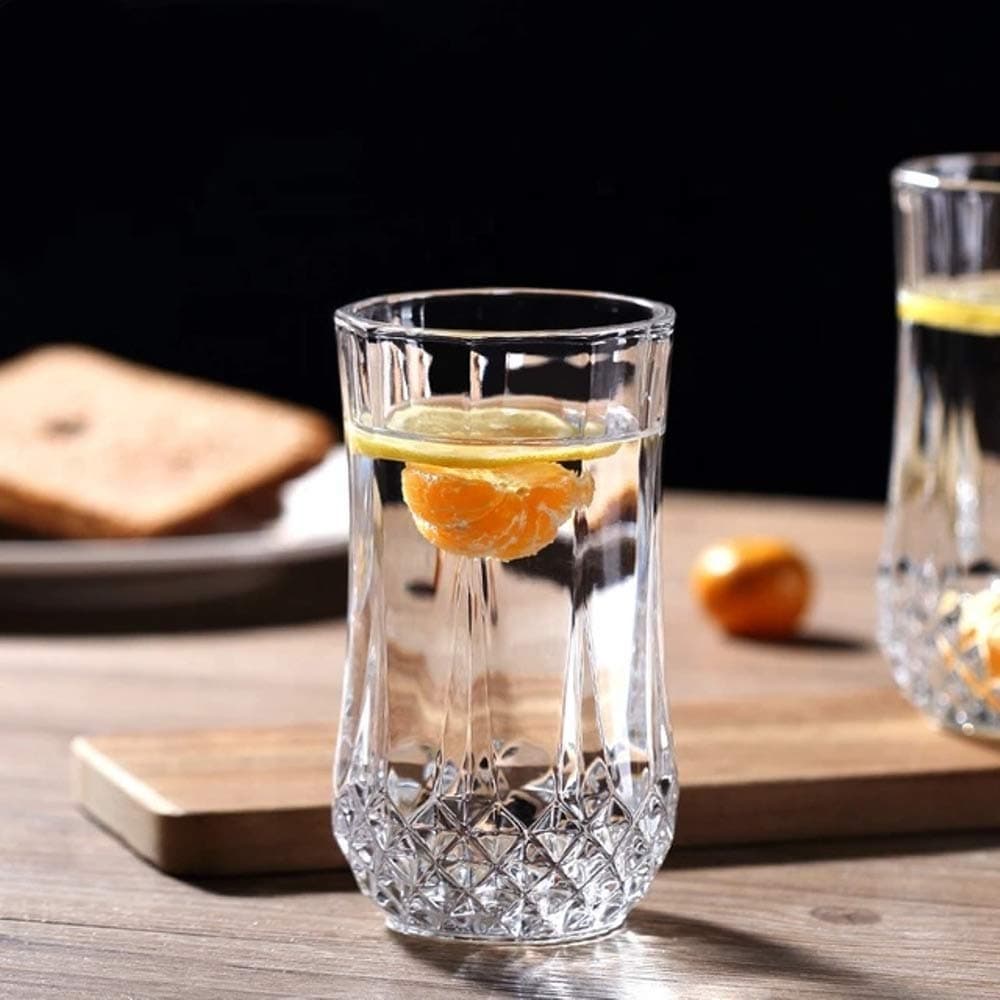 VILON Italian Premium Water and Juice Glasses Set of 6, Crystal Stylish Highball Glasses for Drinking Water, Juice and Cocktails | 250ML| Transparent