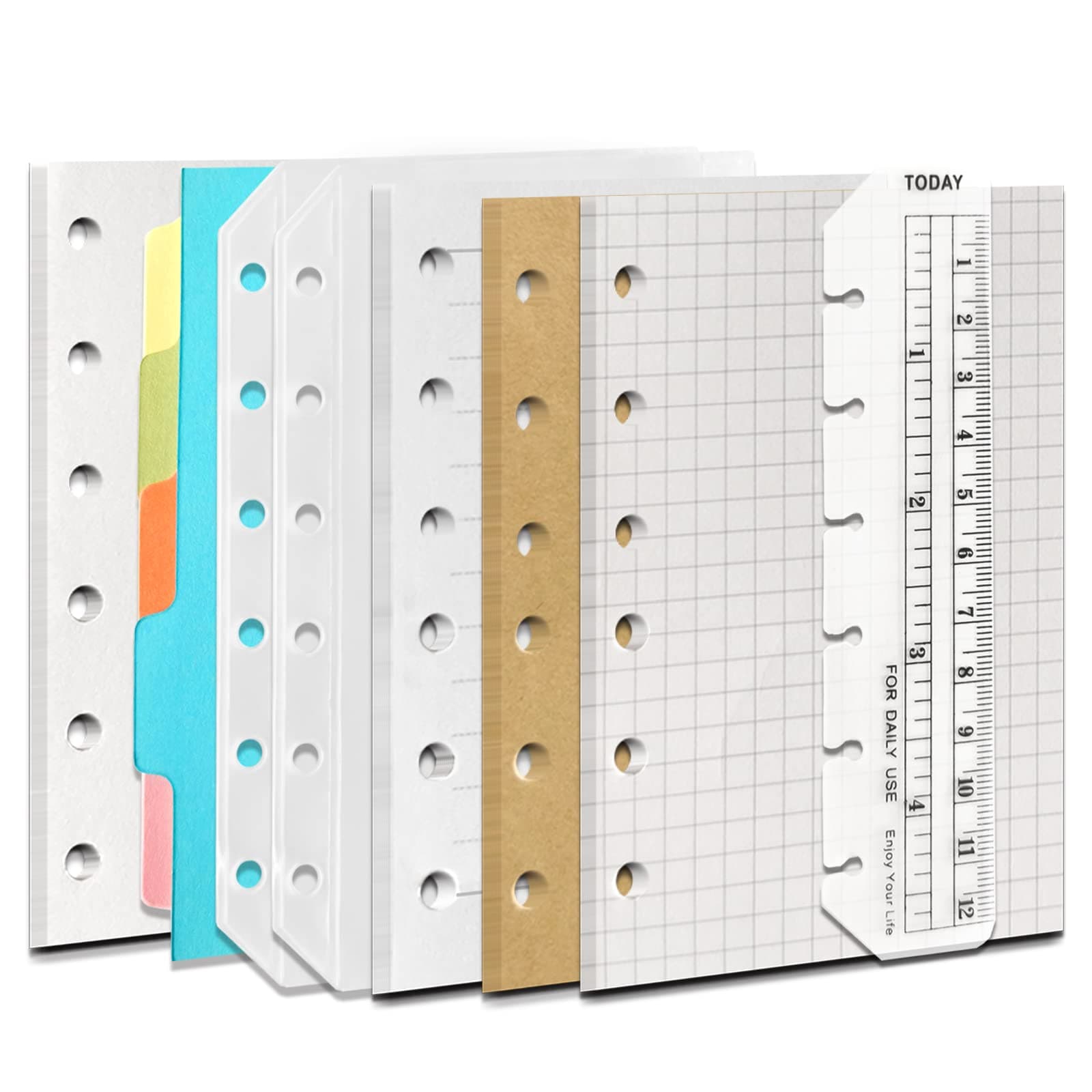A7 6-Hole Binder Notebook Refills Set -(Gridded Paper Refills + Lined Paper + Kraft Paper + Blank Loose Leaf Paper) 180 Sheets /360 Pages(45 sheets of each type)+ A7 Storing Bag