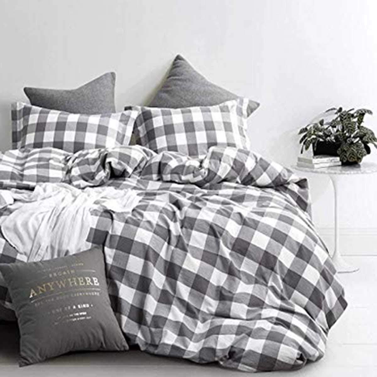 Cozyholy Duvet Cover Sets Queen Size Gray White Plaid Reversible Gingham Buffalo Check Bedding Sets Soft Microfiber Duvet Cover with Pillowcases Zipper Closure