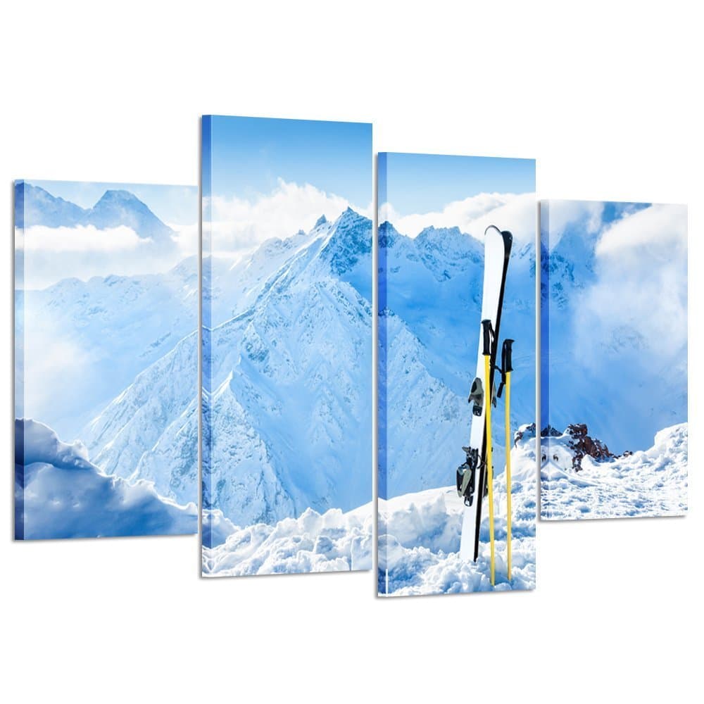 Kreative Arts4 Piece Canvas Prints Wall Art Winter Mountains and Ski Equipment in the Snow Landscape Pictures Modern Home Decor Stretched and Framed Ready to Hang for Office and Living Room
