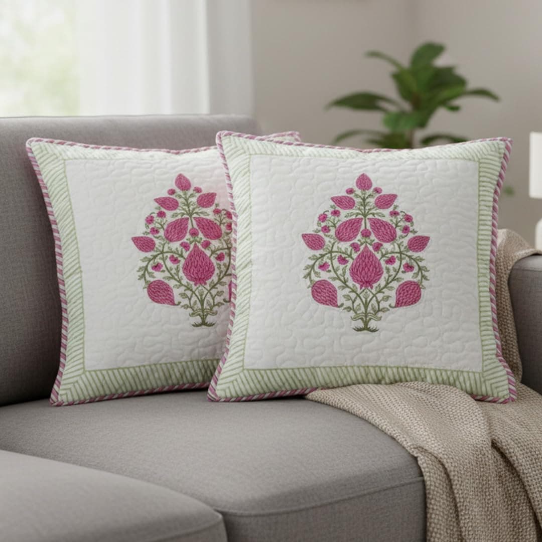 HOMEMONDE Premium Cotton Cushion Covers Set Of 2 - Soft Floral Hand Block Print Living Room 16 X 16 Inch Pillow Cases, Pink, 300 TC