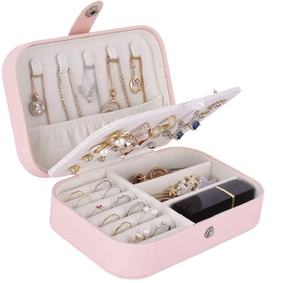 YONZONESmall Jewellery Box Organiser for Women Girls, Travel Jewellery Case Storage Portable Jewellery Boxes Holder for Rings Earrings Necklace Bracelets, Premium PU Leather Jewelry Gift Box (Pink)
