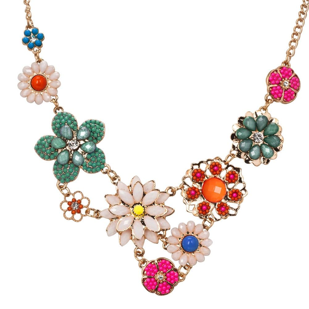 CharmSStory Flower Statement Necklace Golden Chain Muticolor Chunky Bib Bubble Bib