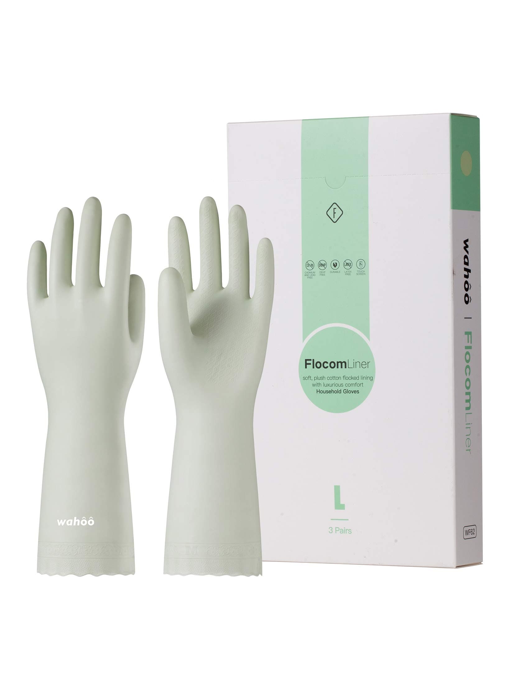 LANON 3 Pairs wahoo Skin-Friendly Dishwashing Cleaning Gloves, Reusable Kitchen Gloves, Cotton Flocked Liner, Waterproof, Non-Slip, Canary Green, Medium