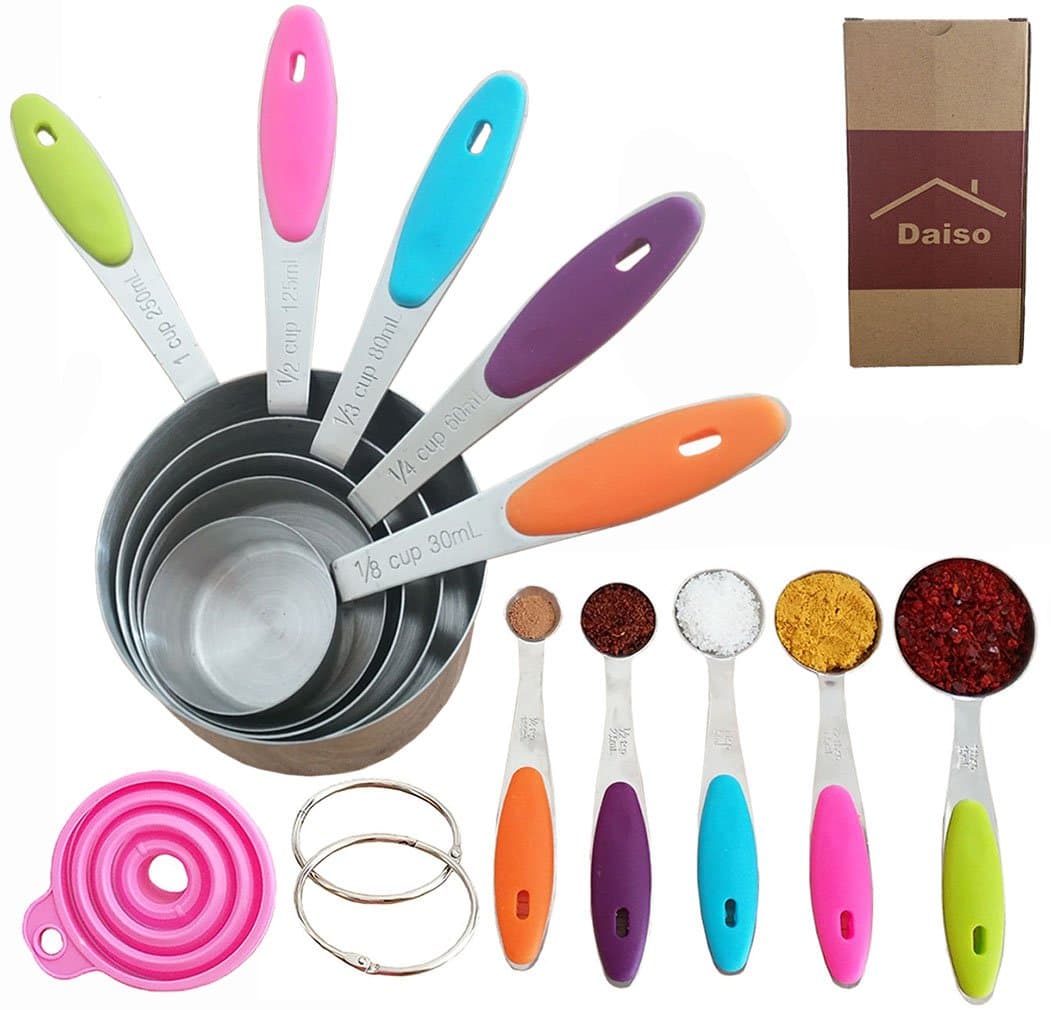 DAISOHOME Measuring Cups and Spoons set - Stainless Steel Measuring Cups set - 10 Piece - Measure Dry and Liquid Ingredients with Soft Handles