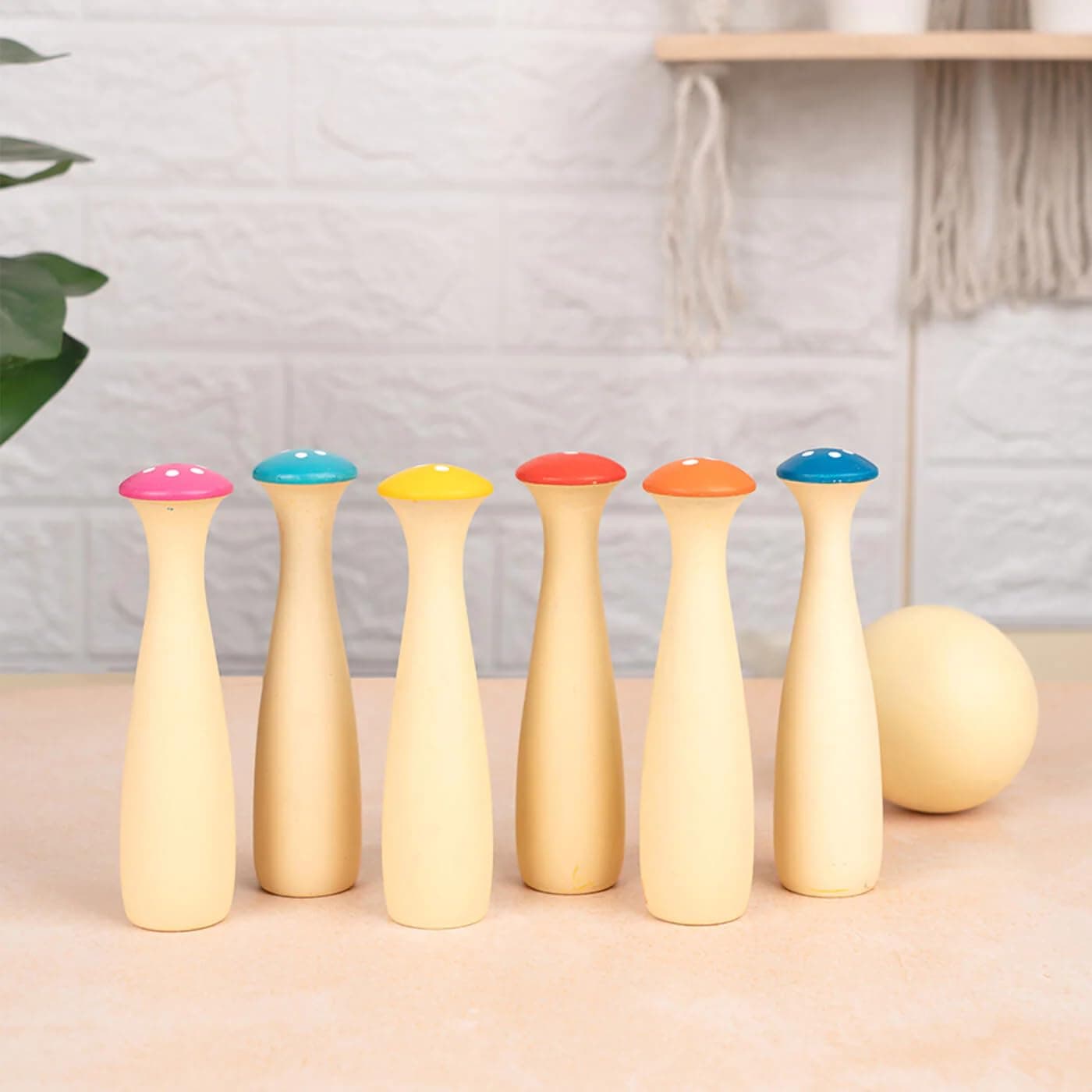 SIMPLE DAYS Wooden Mushroom Bowling Set - 6 Pins + 1 Ball, Ages 1+ - Nature/Whimsical, Manual Operation, No Batteries Required