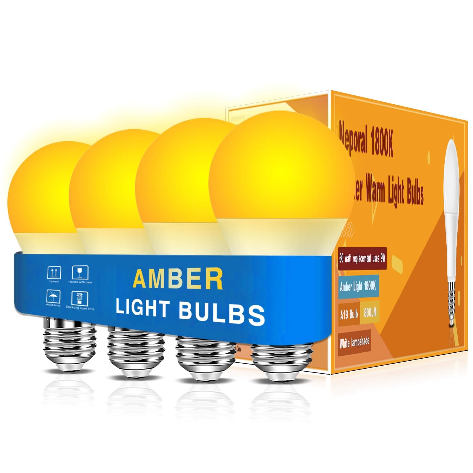 Neporal Amber Sleep Light Bulbs 1800K 4PK, 9W 60 Watt Equivalent, 99.96% Blue Blocking Soft Warm Light Bulbs A19, Amber Night Light E26 for Bedroom and Baby Nursery Light