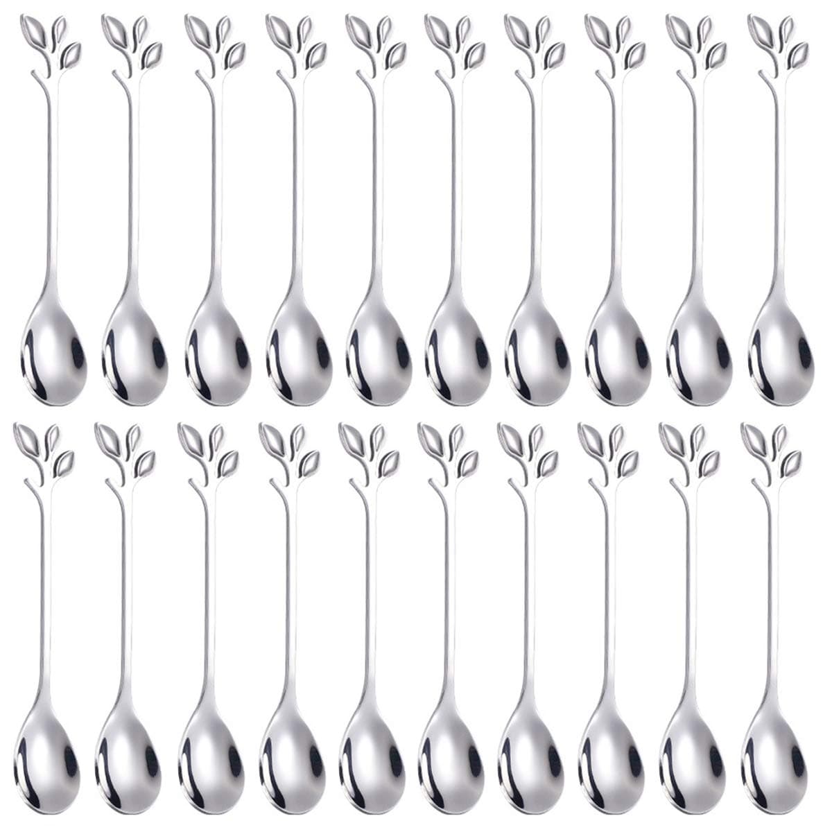 AnSaw 20-Piece Set of 4.7" Silver Leaf Mini Coffee & Dessert Spoons, Stainless Steel Demitasse Espresso & Tea Spoons - Perfect for Espresso Lovers