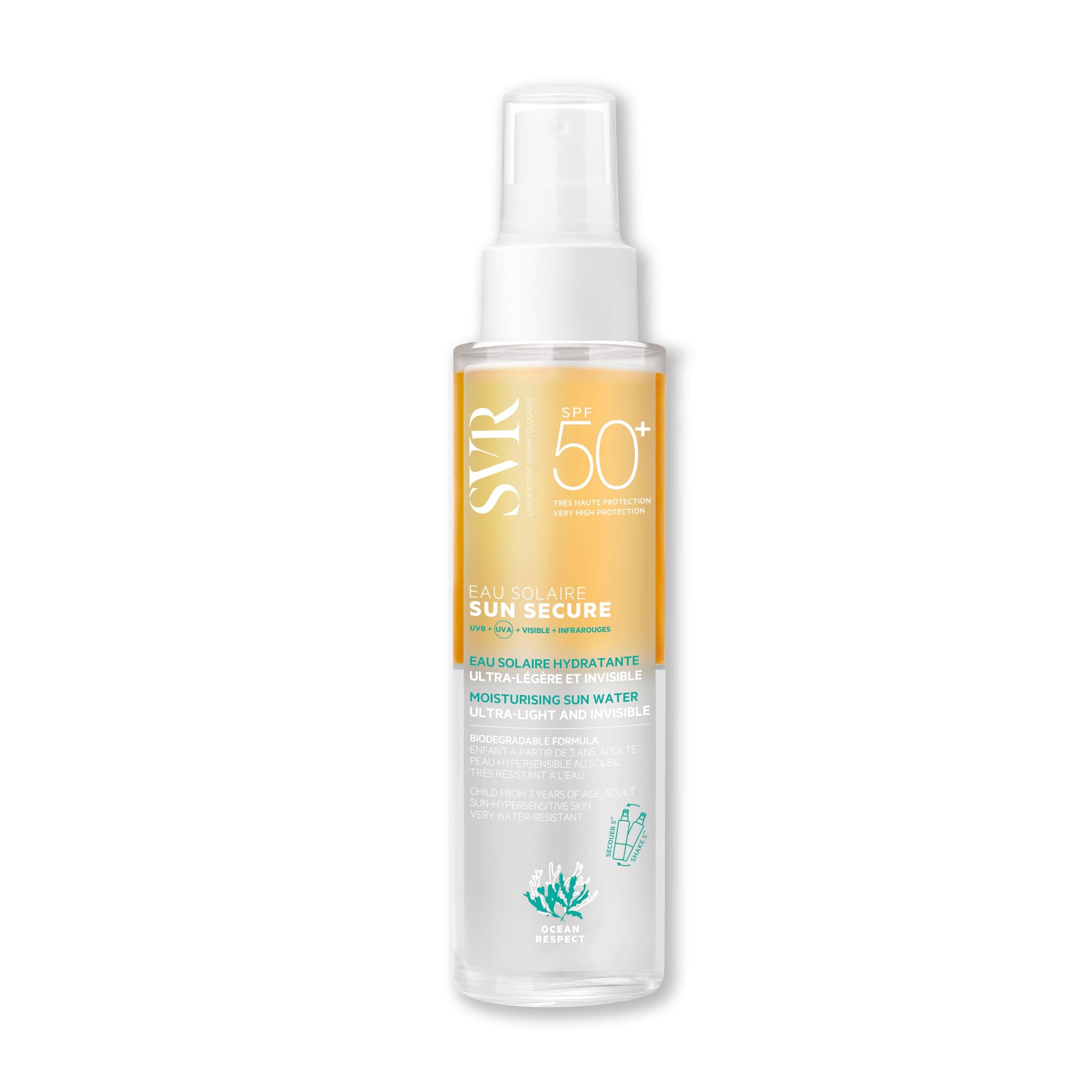 SUN SECURE Sun Water - Face and Body Sunscreen, Oleo-Water Spray for Hypersensitive Skin, Invisible Finish, Reef-Safe, All Ages