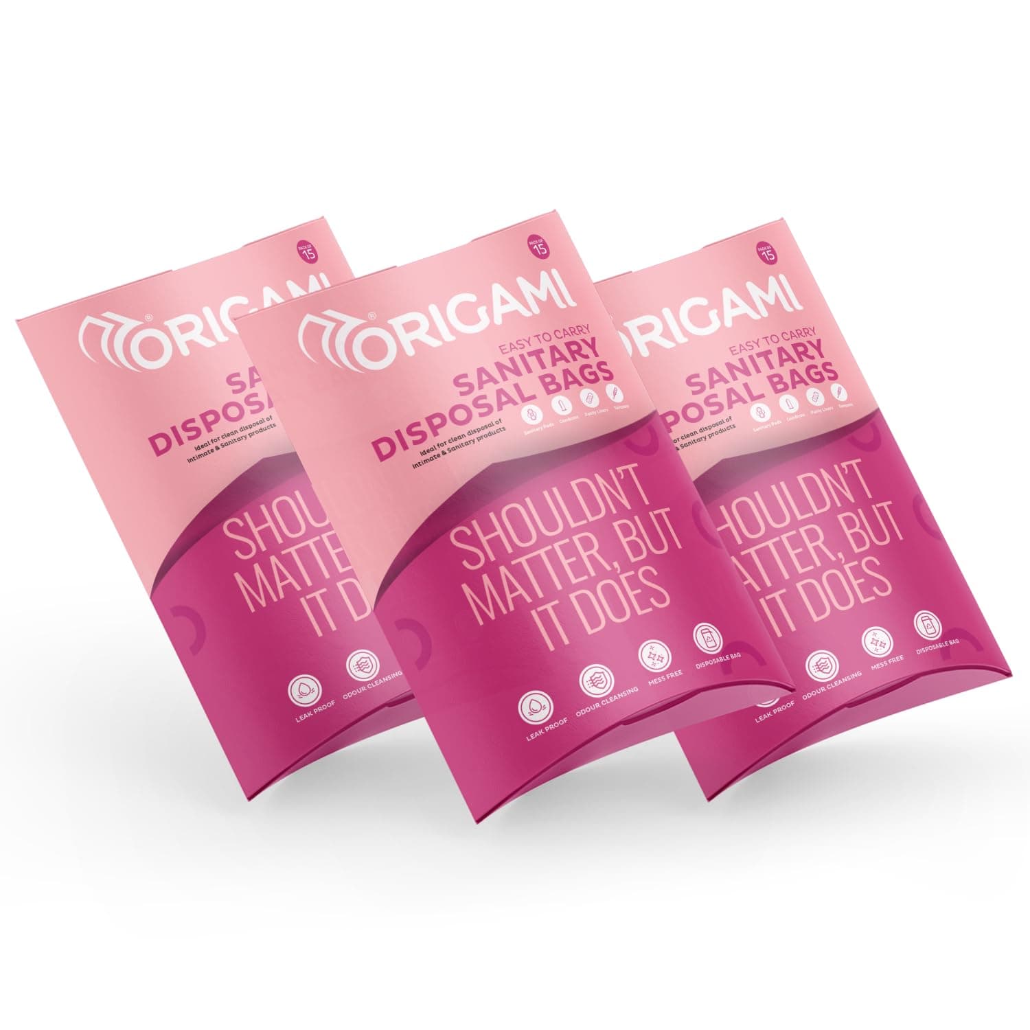 Origami Leakproof Sanitary Disposal Bags Pack of 3 (15 Bags Per Pack, Total 45 Bags) | Odour Cleansing, Mess Free & Easy to Carry | Ideal for Sanitary Pads, Panty Liners, Tampons & Condoms